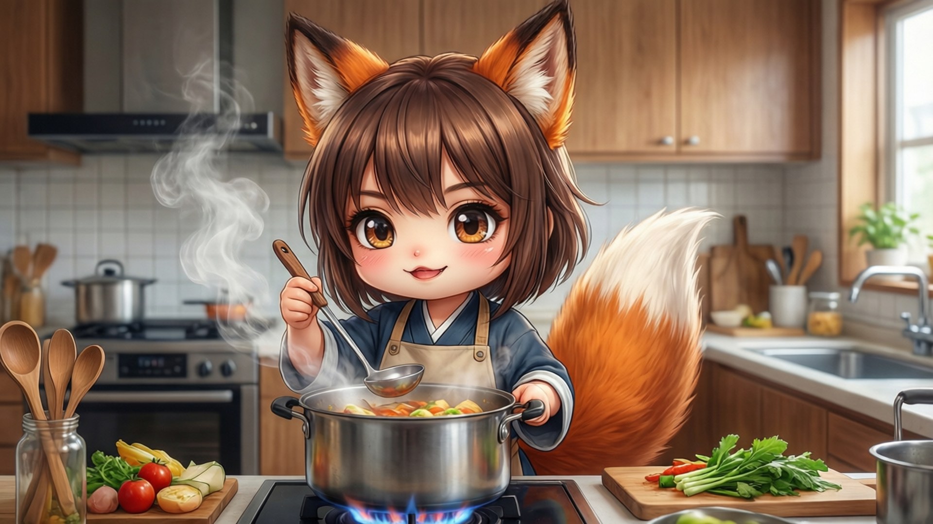 Sewayaki Kitsune No Senko-san 桌布 壁紙 — 一個可愛的狐狸女孩，棕色頭髮和蓬鬆尾巴，在爐灶上攪拌冒煙的鍋，周圍是新鮮蔬菜。