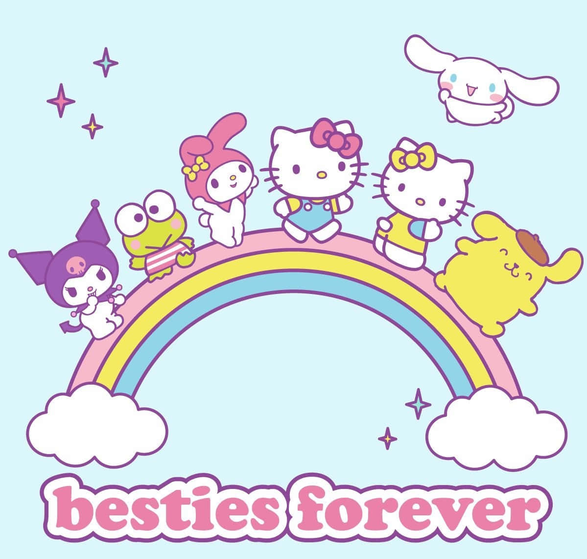 Sanrio角色在彩虹上，附有'besties forever'文字 — Hello Kitty 壁紙