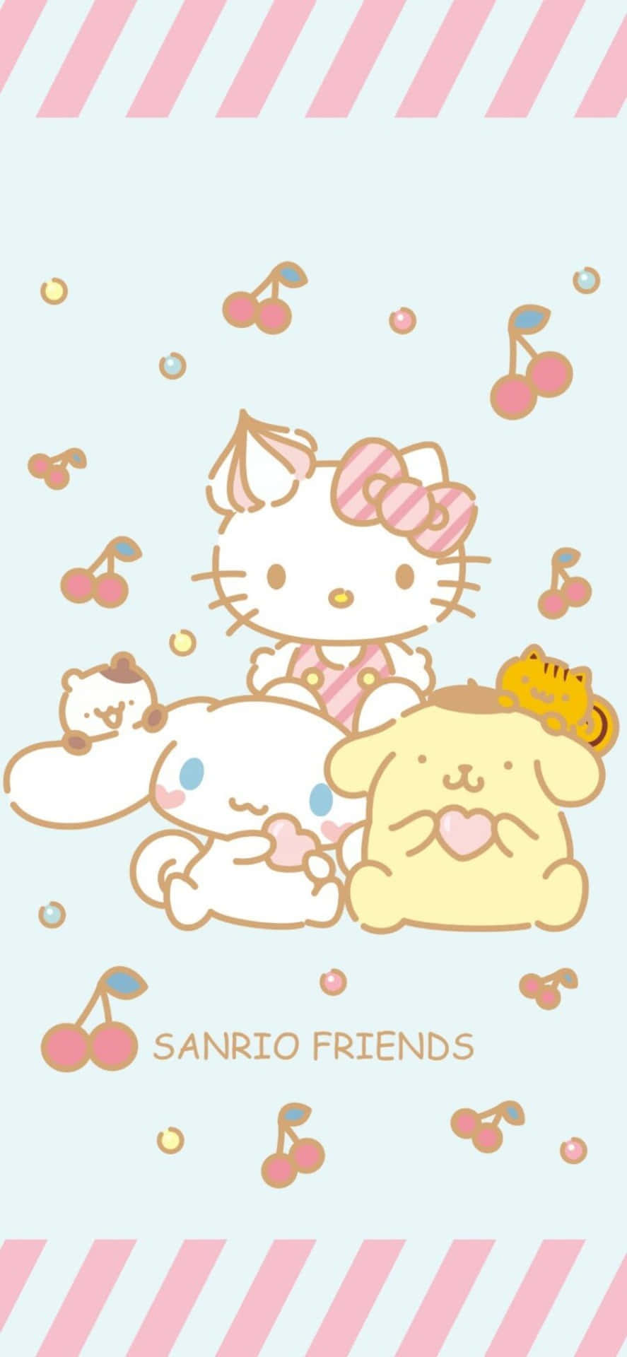 Sanrio角色，櫻桃在粉彩背景上漂浮在他們周圍。 — Hello Kitty 壁紙