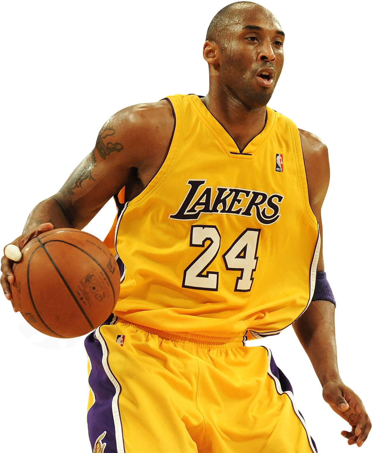 柯比布萊恩穿著湖人隊球衣運球。 — NBA 壁紙