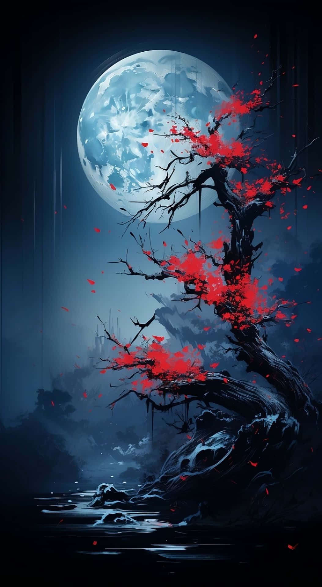 壁紙 — 一棵長滿鮮紅花朵的扭曲樹木，在巨大的發光月亮下，矗立在黑暗的水中，營造出憂鬱的夜景。