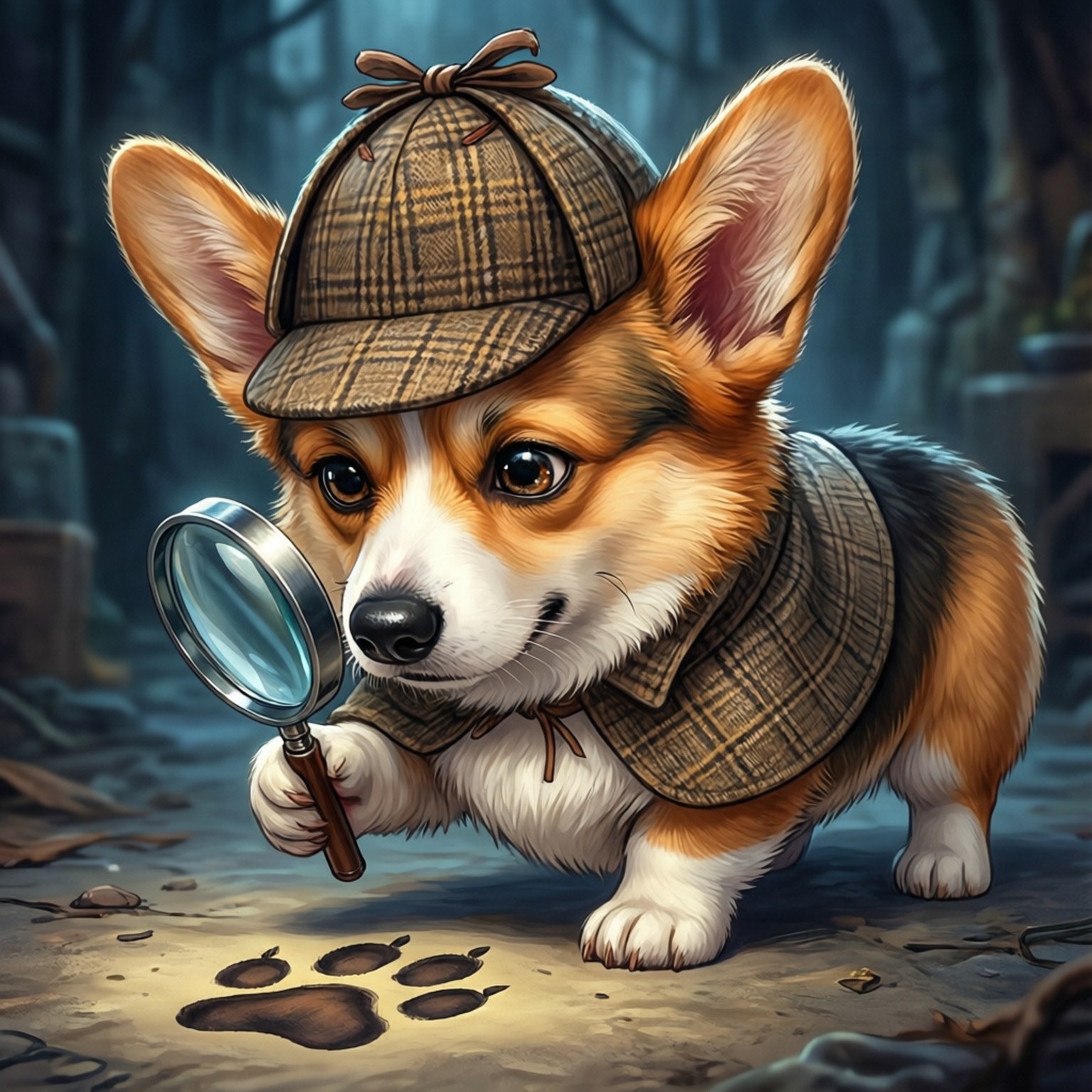 Detective Corgi 壁紙 — 一隻戴格紋帽和穿格紋外套的柯基偵探，在迷霧森林中用放大鏡檢查腳印。