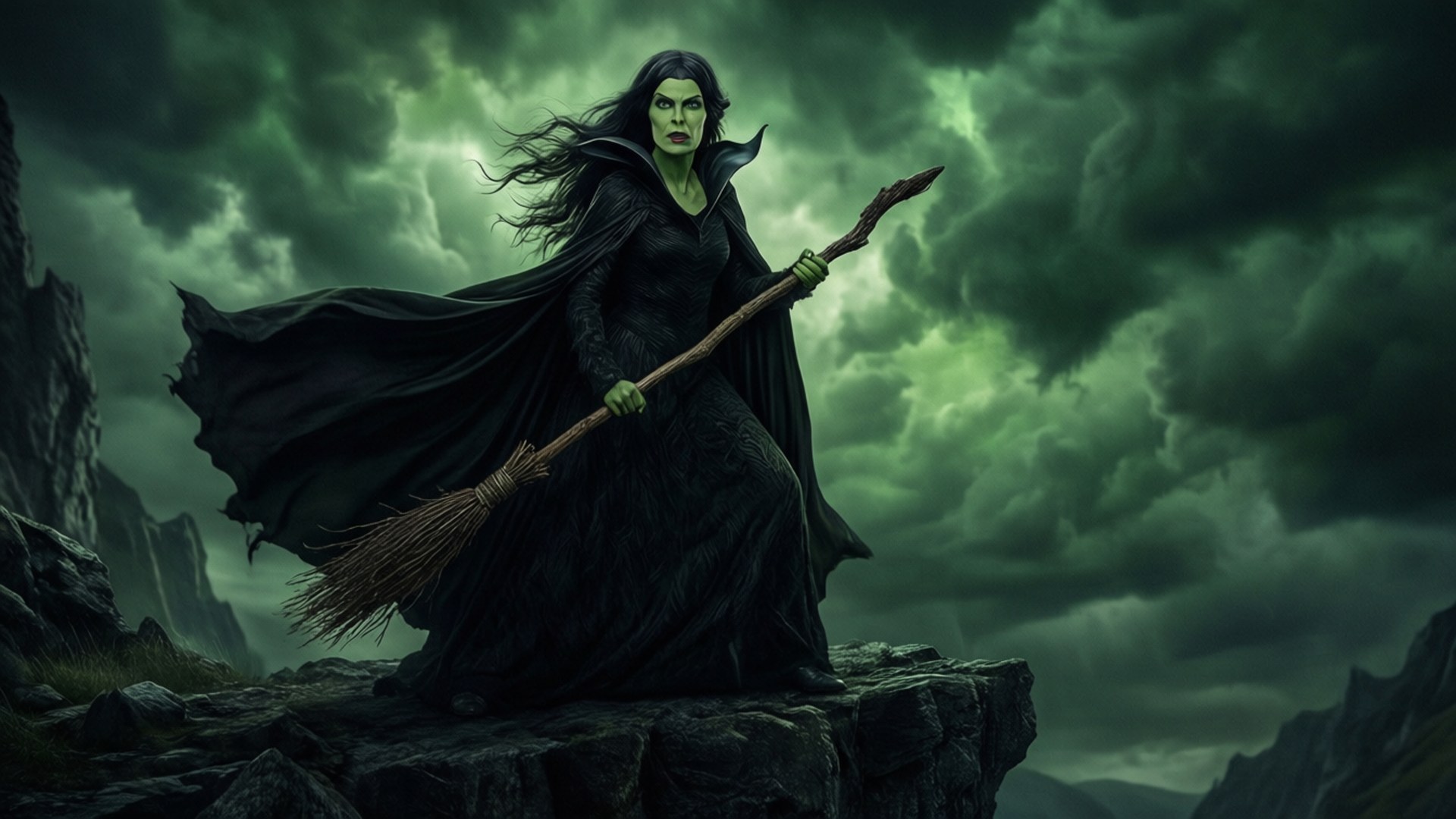 Wicked Musical 桌布 壁紙 — 一個皮膚綠色、身穿飄逸黑色斗篷的可怕女巫，站在岩石懸崖上，在暴風雨的綠色天空下拿著掃帚。