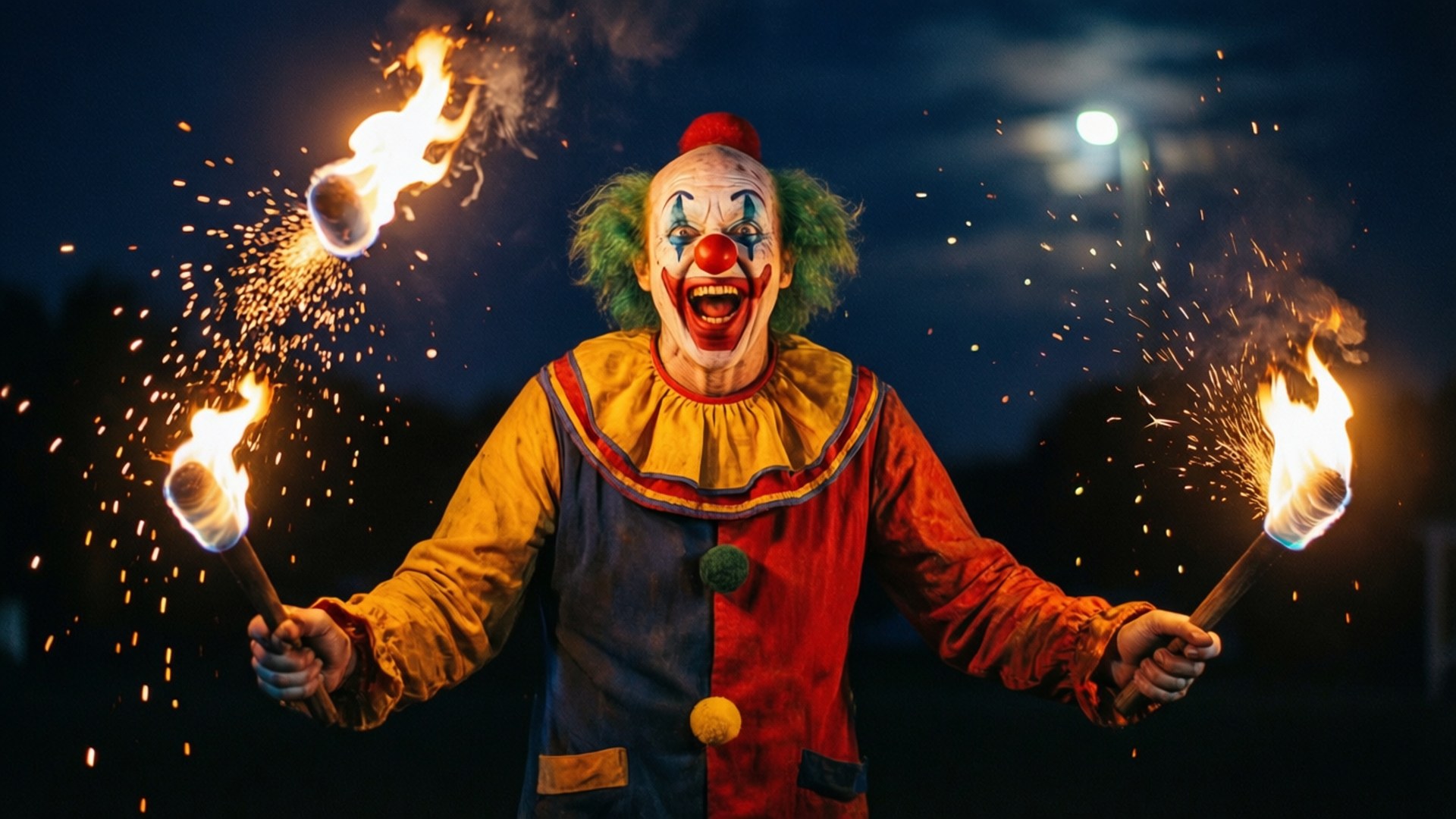 Fire Juggler Clown 壁紙 — 一個帶有綠色頭髮和紅色鼻子的可怕小丑，在滿月的黑暗夜空下玩火把雜耍。