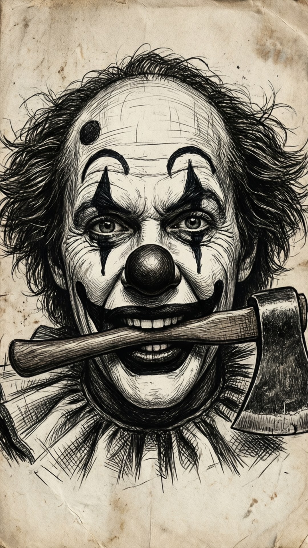 ICP 桌布 壁紙 — 一個帶有狂野頭髮、嘴裡叼著血淋淋斧頭的可怕小丑，從破舊的紙張背景中凝視著。