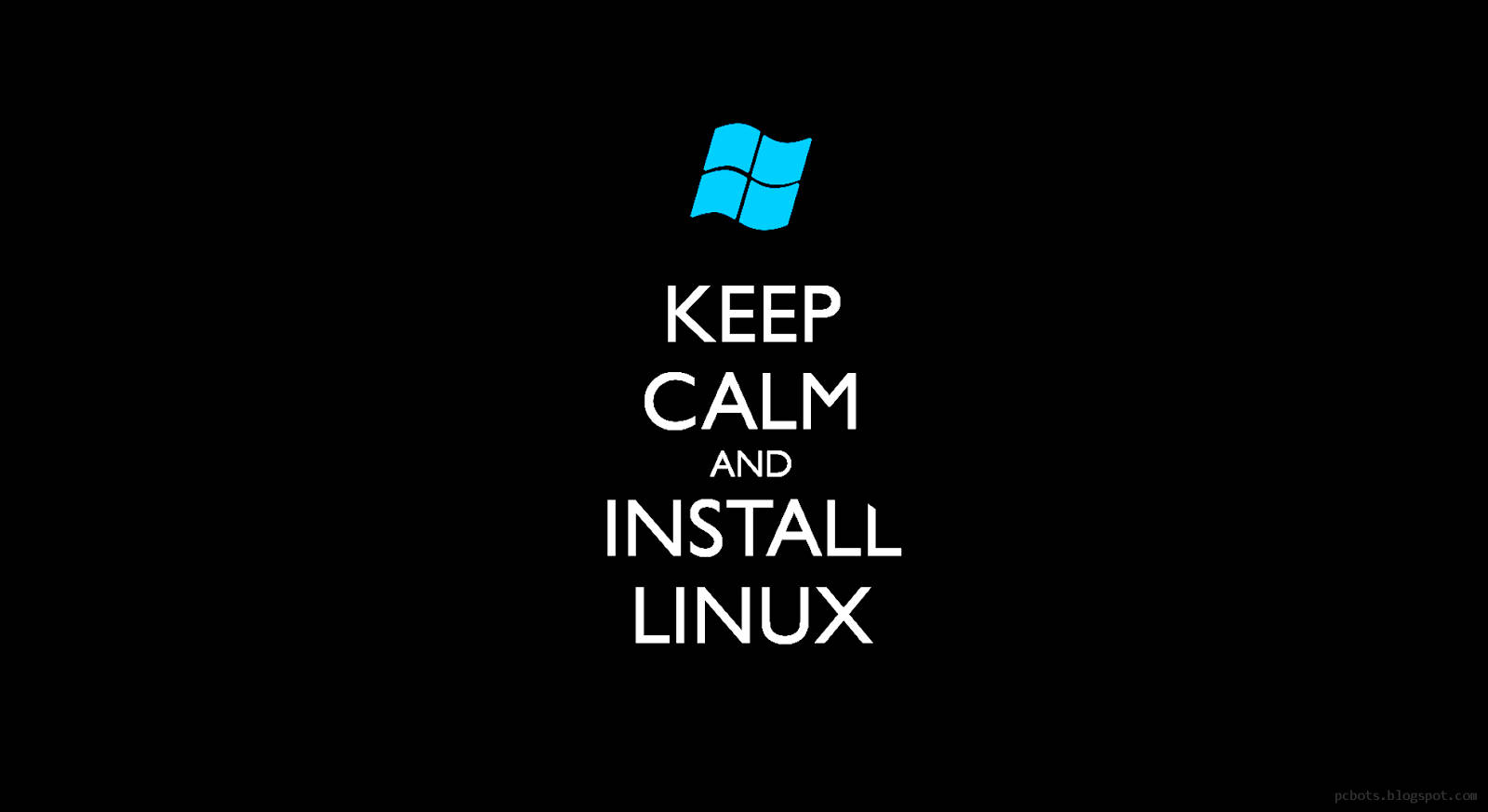 藍色Windows標誌位於白色文字上方，文字寫著keep calm and install linux，背景為黑色 — Linux 壁紙