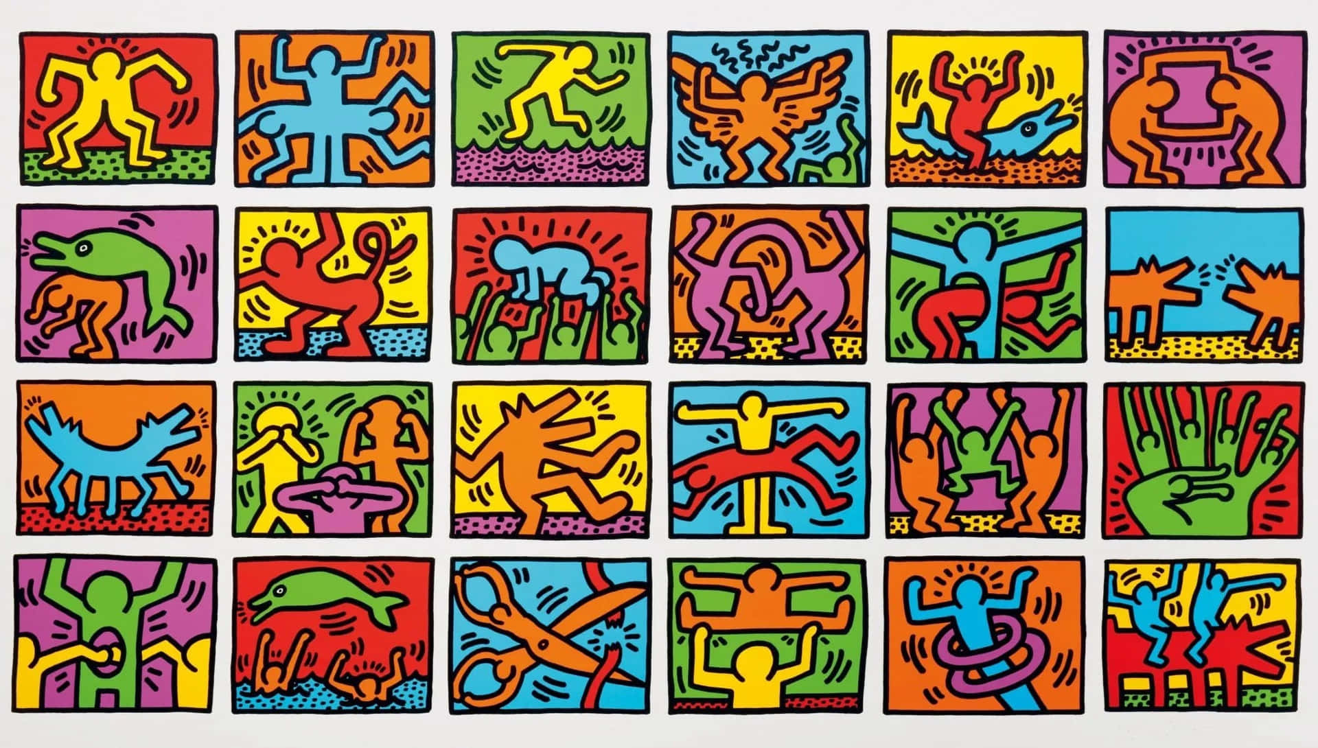  壁紙 — Keith Haring 標誌性風格人物和動物的鮮豔普普藝術網格，以大膽的原色呈現在圖案背景上。