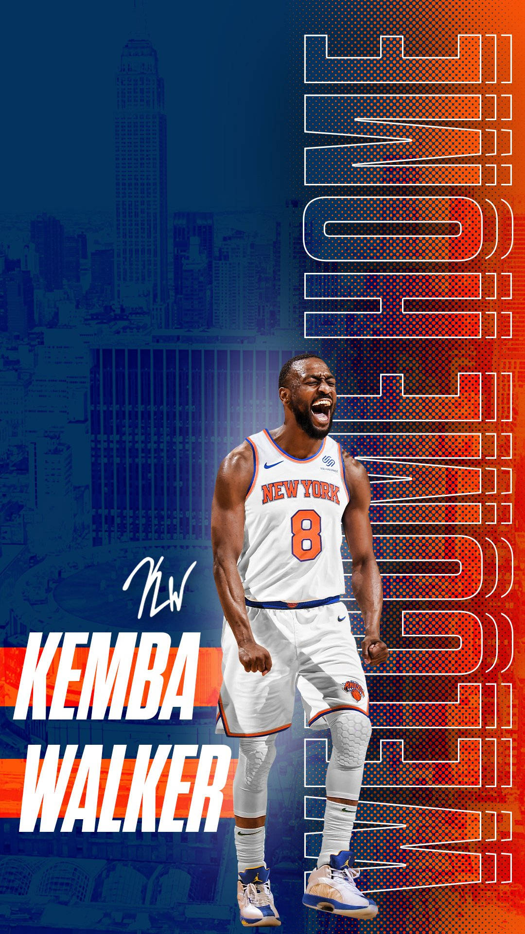 New 桌布 壁紙 — Kemba Walker 身穿紐約尼克隊球衣，在風格化的城市天際線背景下，伴隨著粗體圖形文字，發出勝利的咆哮。
