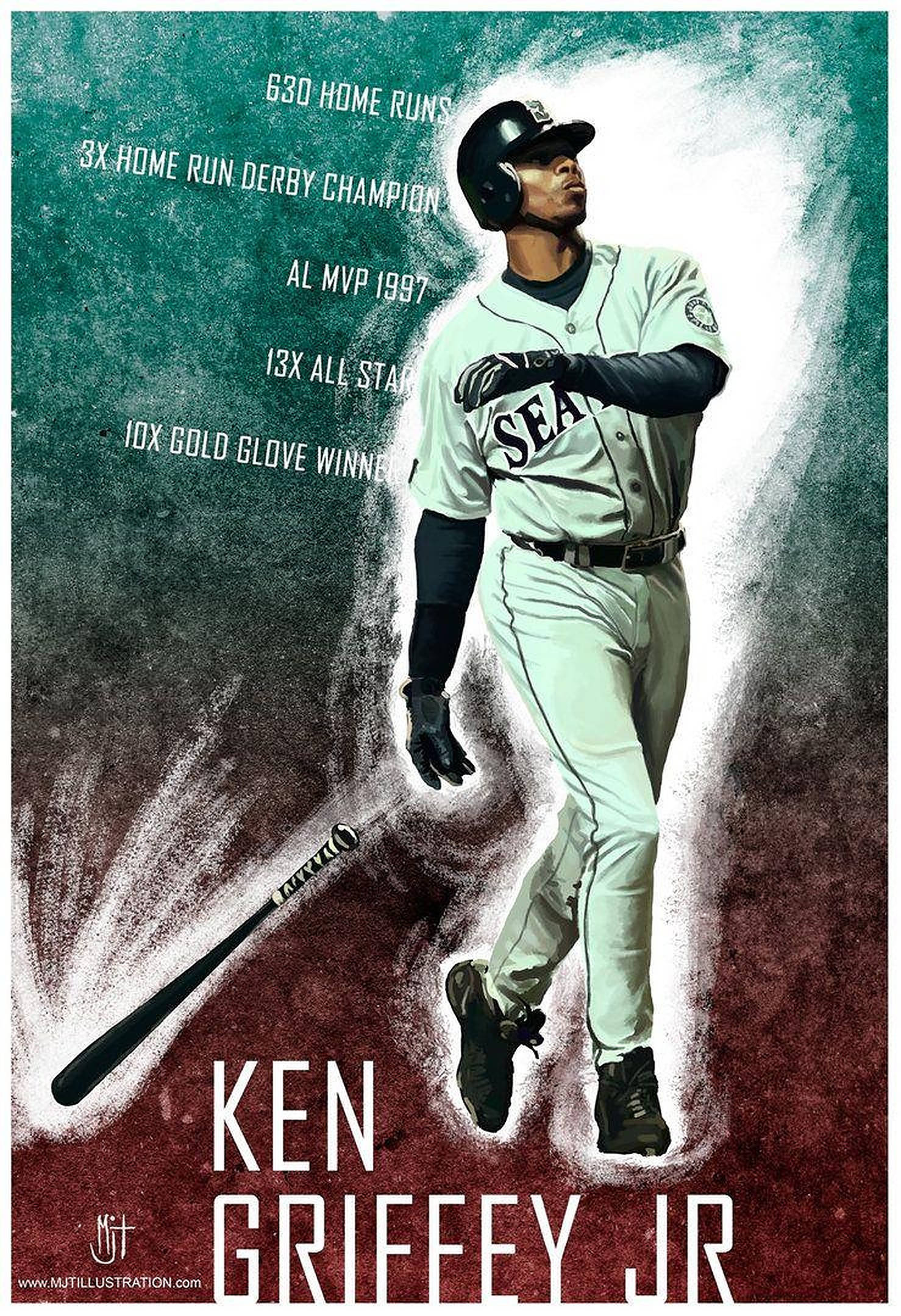 ken 桌布 壁紙 — Ken Griffey Jr. 身穿西雅圖水手隊制服，自信地拿著球棒，周圍是統計數據，背景為帶紋理的青綠色和栗色。