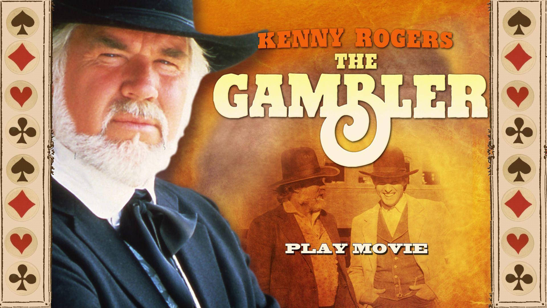 星星動圖 桌布 壁紙 — Kenny Rogers 的《賭徒》復古電影海報，展示一個表情嚴肅的男人戴著牛仔帽，背景是火橙色，帶有撲克牌邊框。