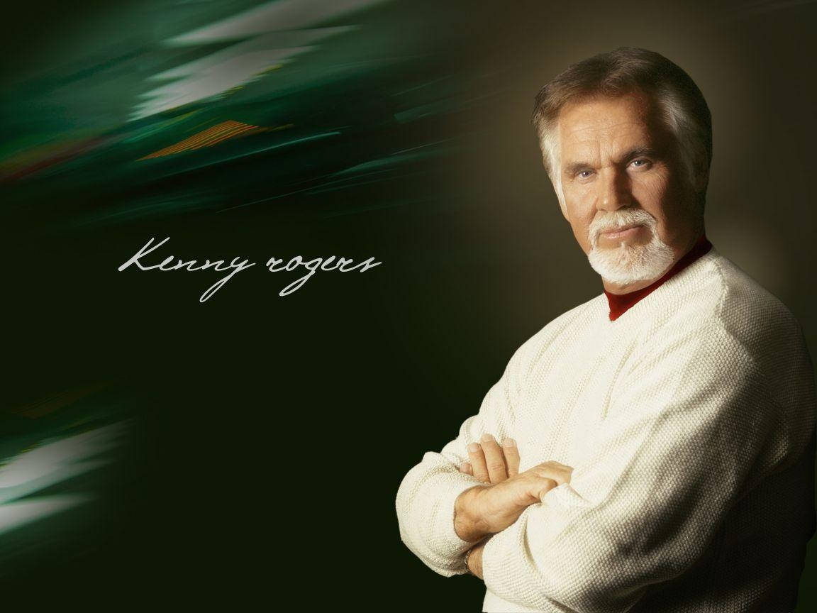 星星動圖 桌布 壁紙 — Kenny Rogers 自信地交叉雙臂，站在深綠色動態模糊背景前，他的名字以手寫體呈現。