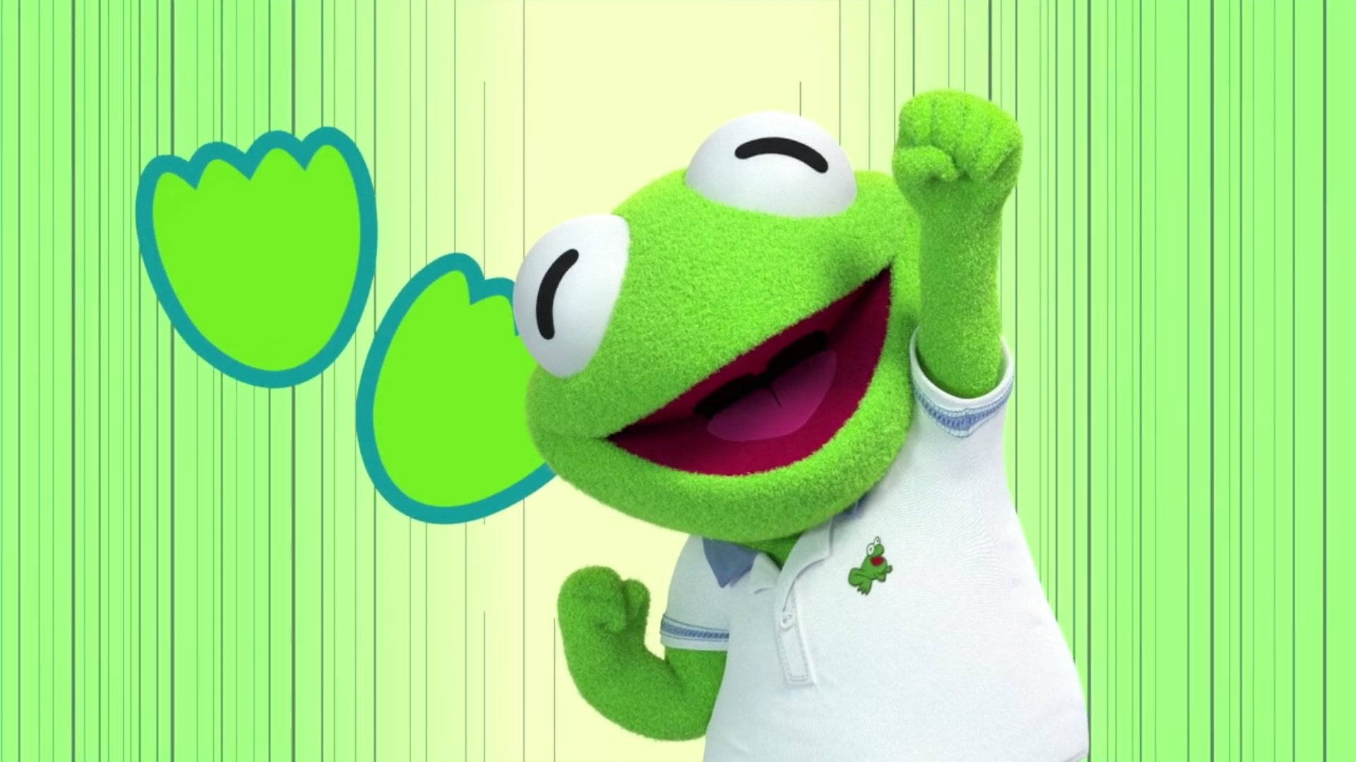 babies 桌布 壁紙 — Kermit the Frog 在明亮的綠色條紋背景上，帶著漂浮的鬱金香形狀，開心地笑著舉起拳頭。