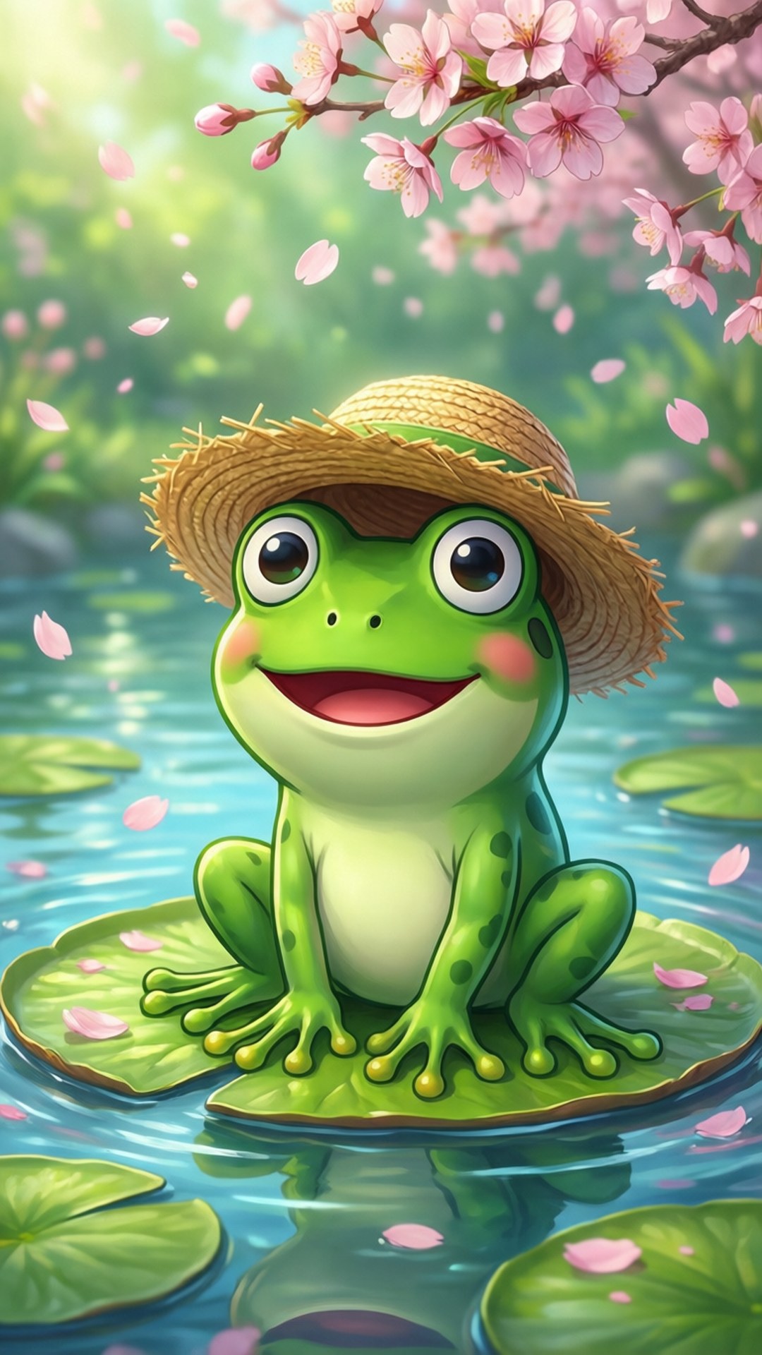 Keroppi 春季池塘 壁紙 — 一隻快樂的卡通青蛙戴著草帽坐在睡蓮葉上，在寧靜的池塘中，粉紅色的櫻花飄落而下。