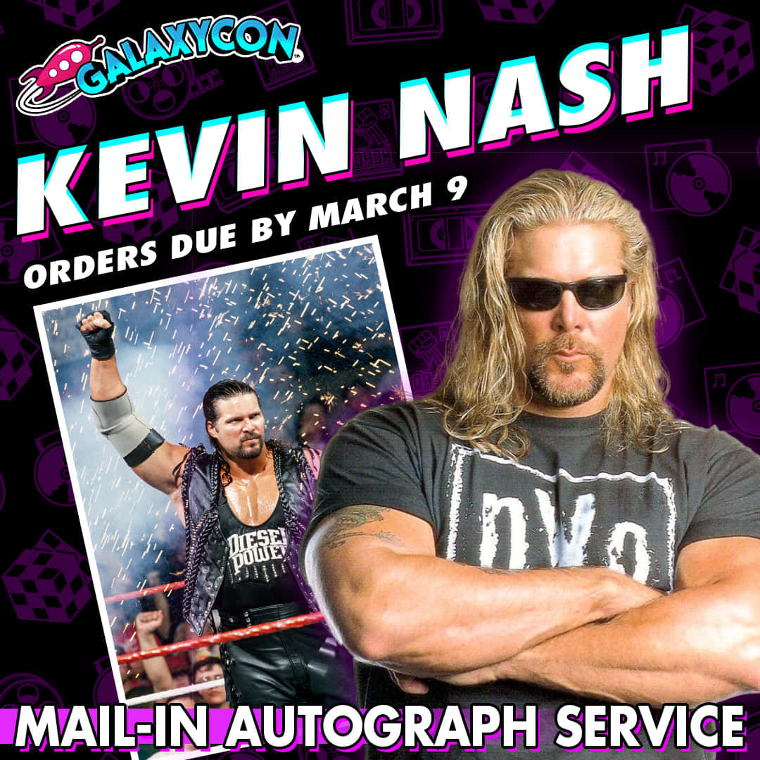 Fight 桌布 壁紙 — Kevin Nash 自信地戴著太陽眼鏡擺姿勢，並在充滿活力的紫色圖案背景上嵌入一張摔角照片。