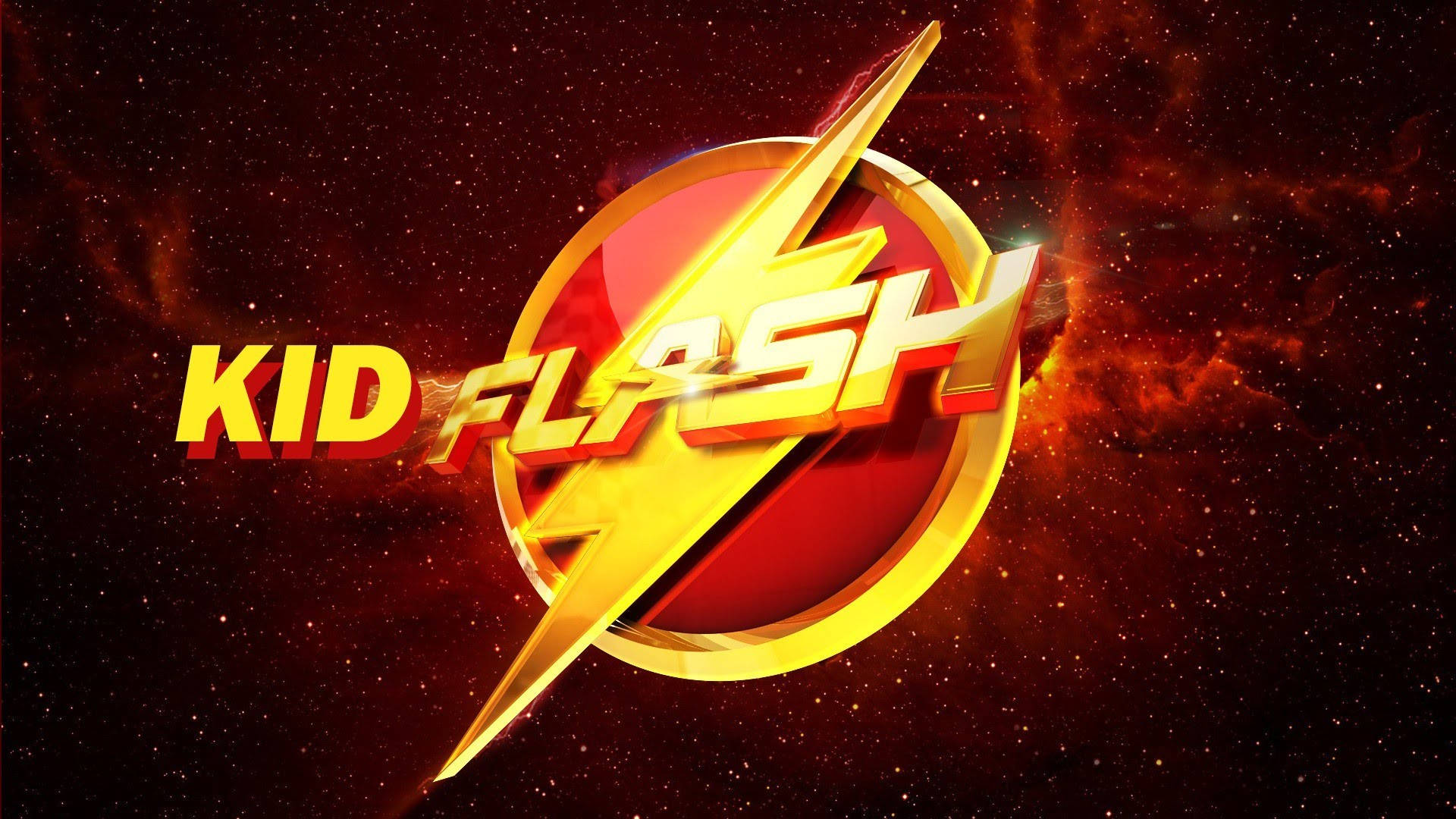 Flash 桌布 壁紙 — Kid Flash 標誌在熾熱的宇宙星雲背景下閃耀著金色和紅色，並點綴著星星。