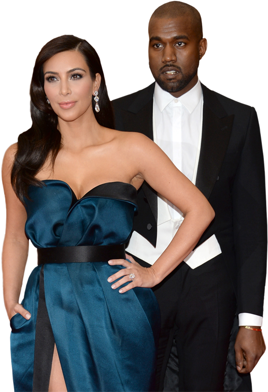 肯伊 桌布 壁紙 — Kim Kardashian 身穿青綠色緞面長裙，Kanye West 身穿黑色燕尾服，在黑色背景前自信地擺姿勢。