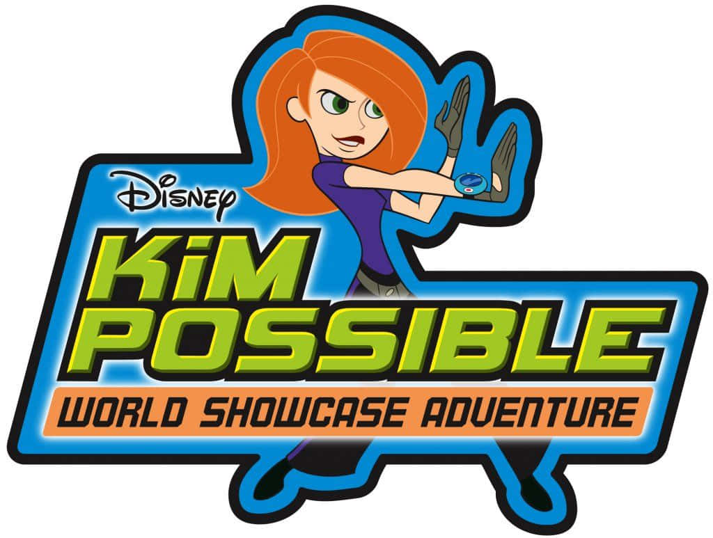 kim possible 桌布 壁紙 — Kim Possible 以動感姿勢手持手腕裝置，背景為大膽的藍綠標誌。