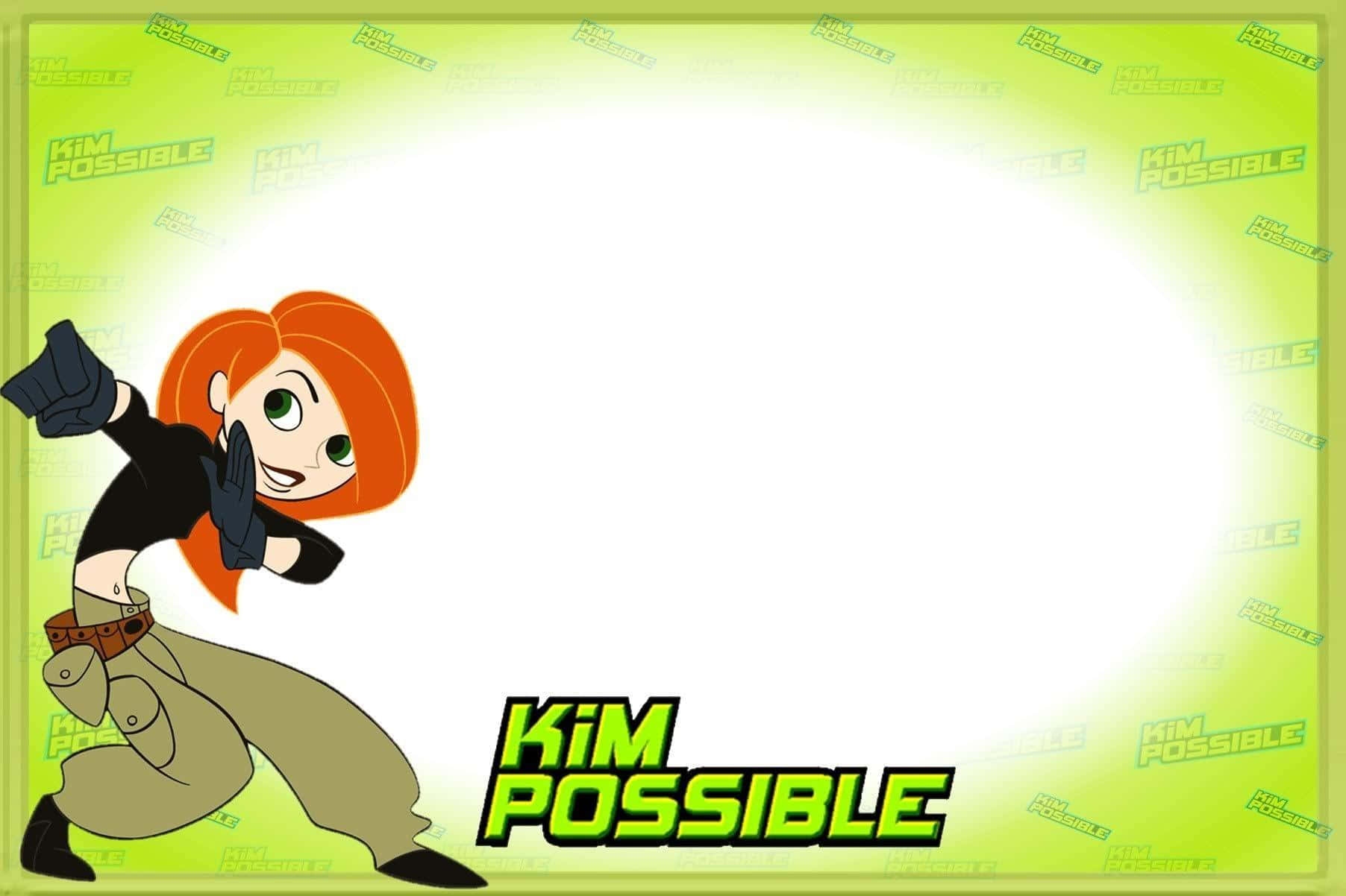 kim possible 桌布 壁紙 — Kim Possible 以動感姿勢呈現，背景為亮綠色，帶有重複標誌浮水印。