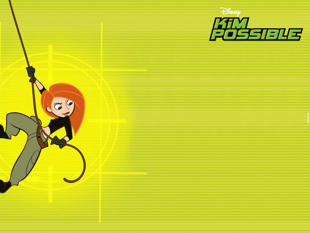 kim possible 桌布 壁紙 — Kim Possible 在亮黃色背景上以繩索動態擺盪，並帶有瞄準十字線。