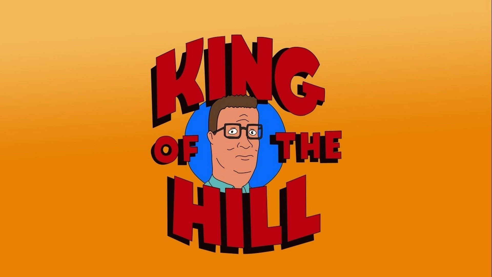 山丘之王 桌布 壁紙 — King of the Hill 的卡通標誌，藍色圓圈內有 Hank Hill 的臉，背景為橙色漸層。