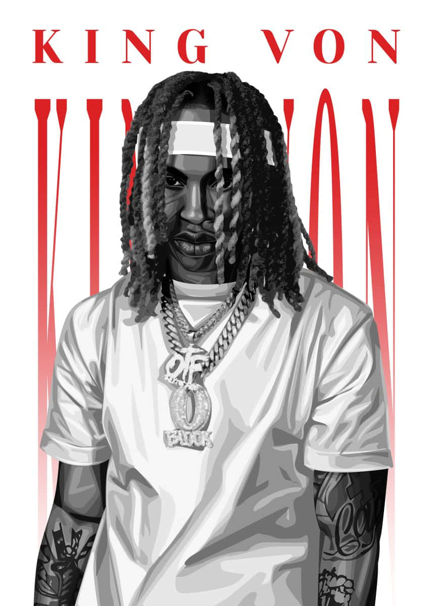 King Von 肖像，背後有紅色文字和垂直條紋。 — King Von 壁紙