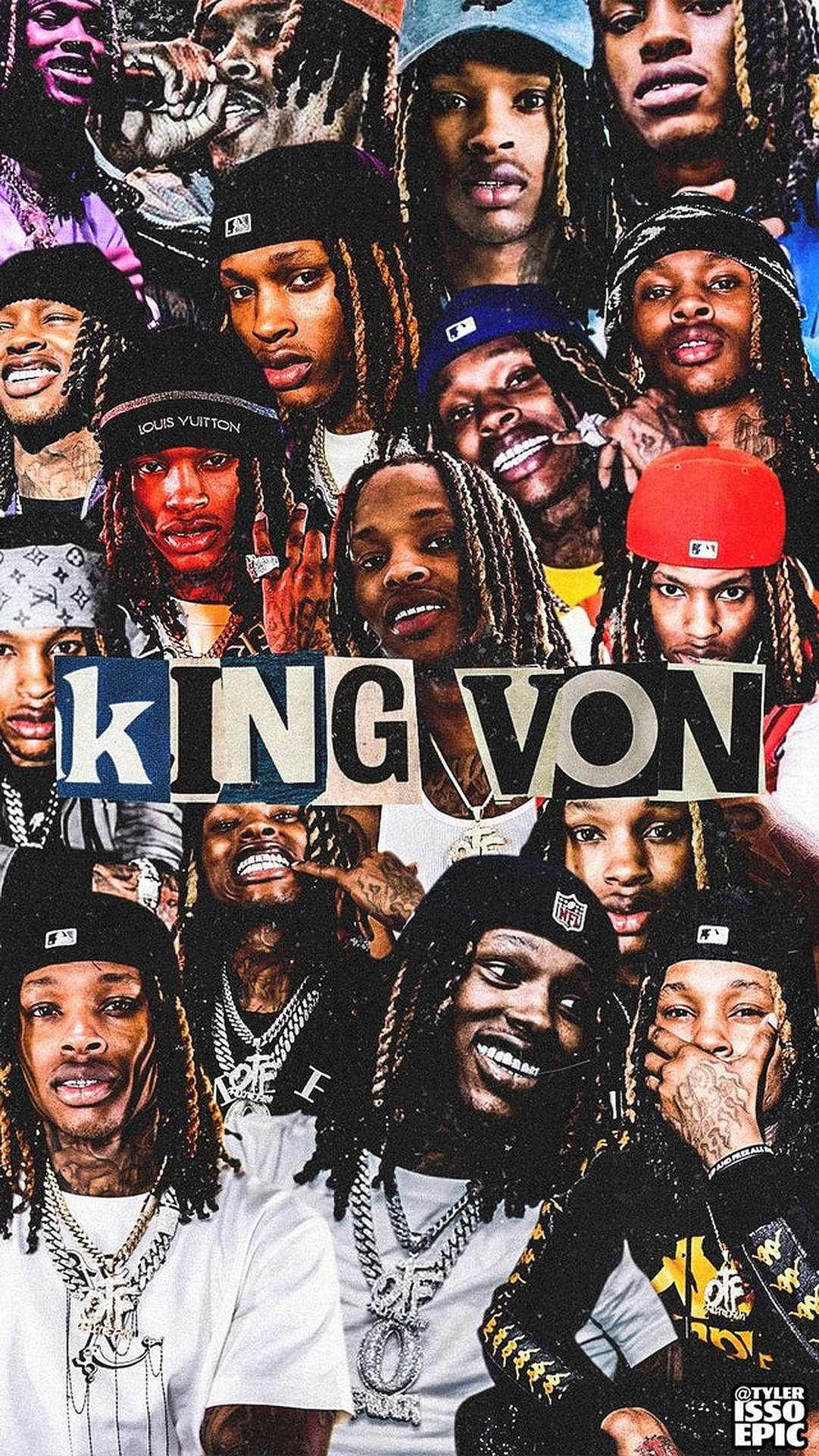 King Von 拼貼，包含多個表情豐富的肖像和奢華品牌元素。 — King Von 壁紙