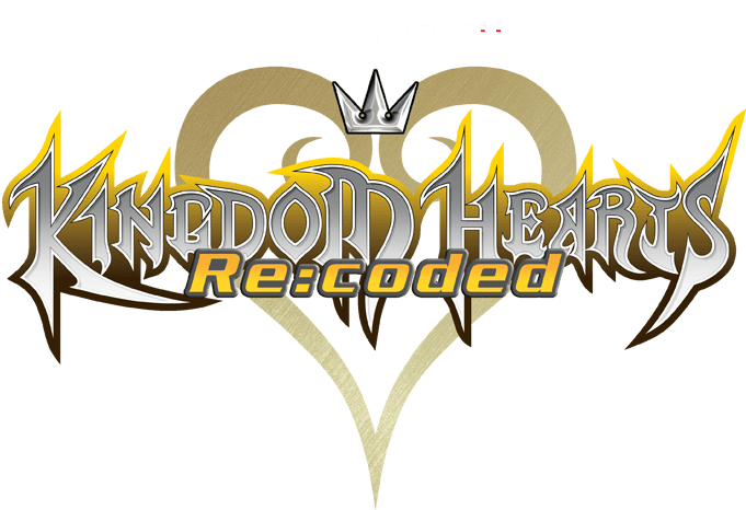 王國之心 桌布 壁紙 — Kingdom Hearts Re:coded 標誌在黑色背景上閃耀著金屬銀色和金色，頂部有一個小皇冠位於風格化的心形標誌之上。