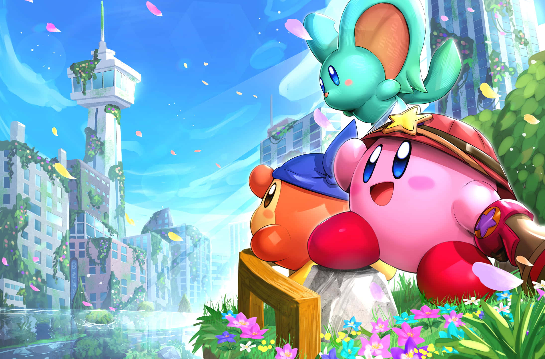 卡比 桌布 壁紙 — Kirby 和一隻青綠色生物坐在長椅上，身處充滿活力的城市景觀，有盛開的花朵和飄落的花瓣，在明亮的藍天下。