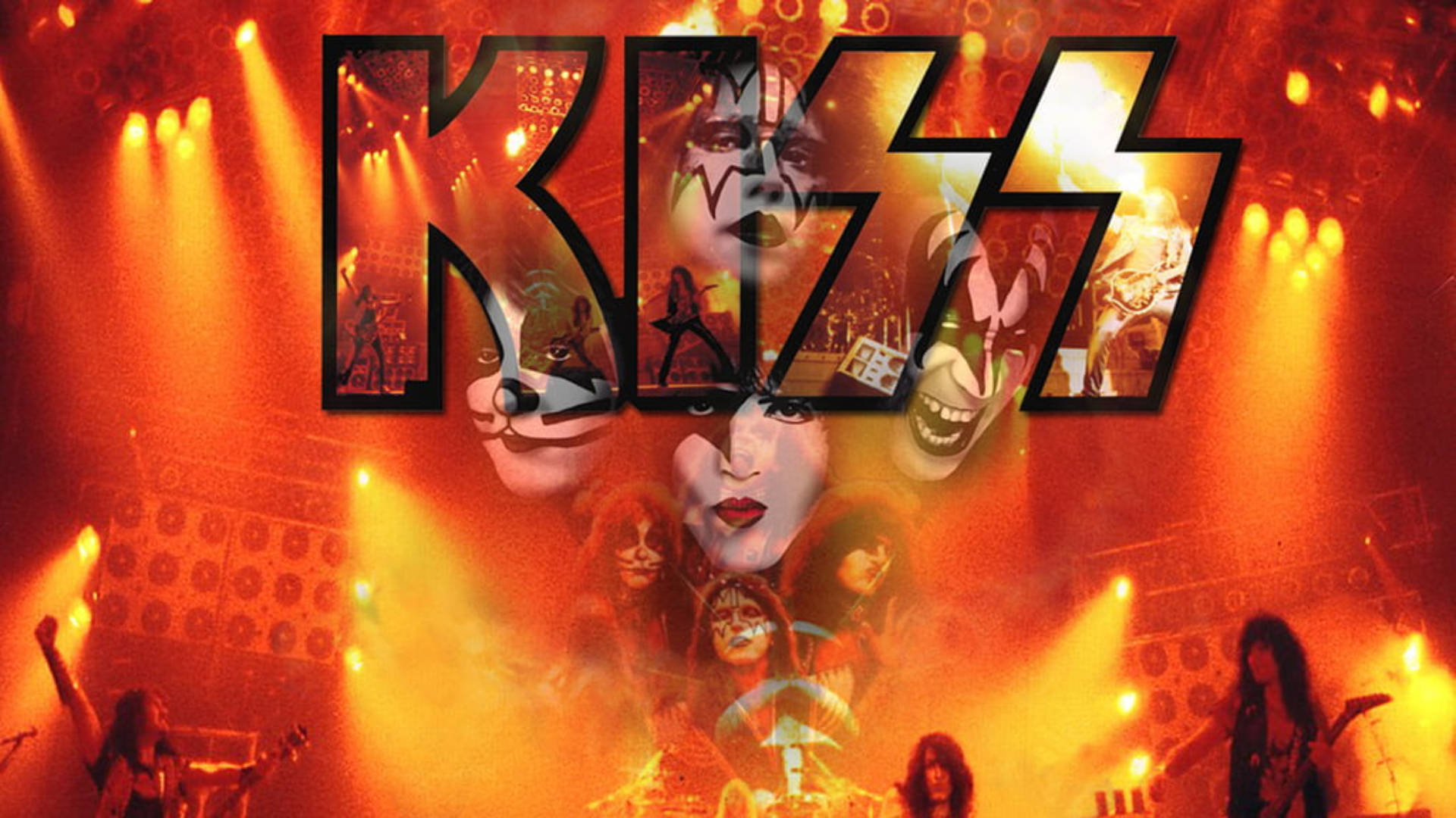 Rock 桌布 壁紙 — KISS 樂團成員以標誌性妝容在熾熱的橙色舞台燈光下表演，他們的標誌主導了整個場景。