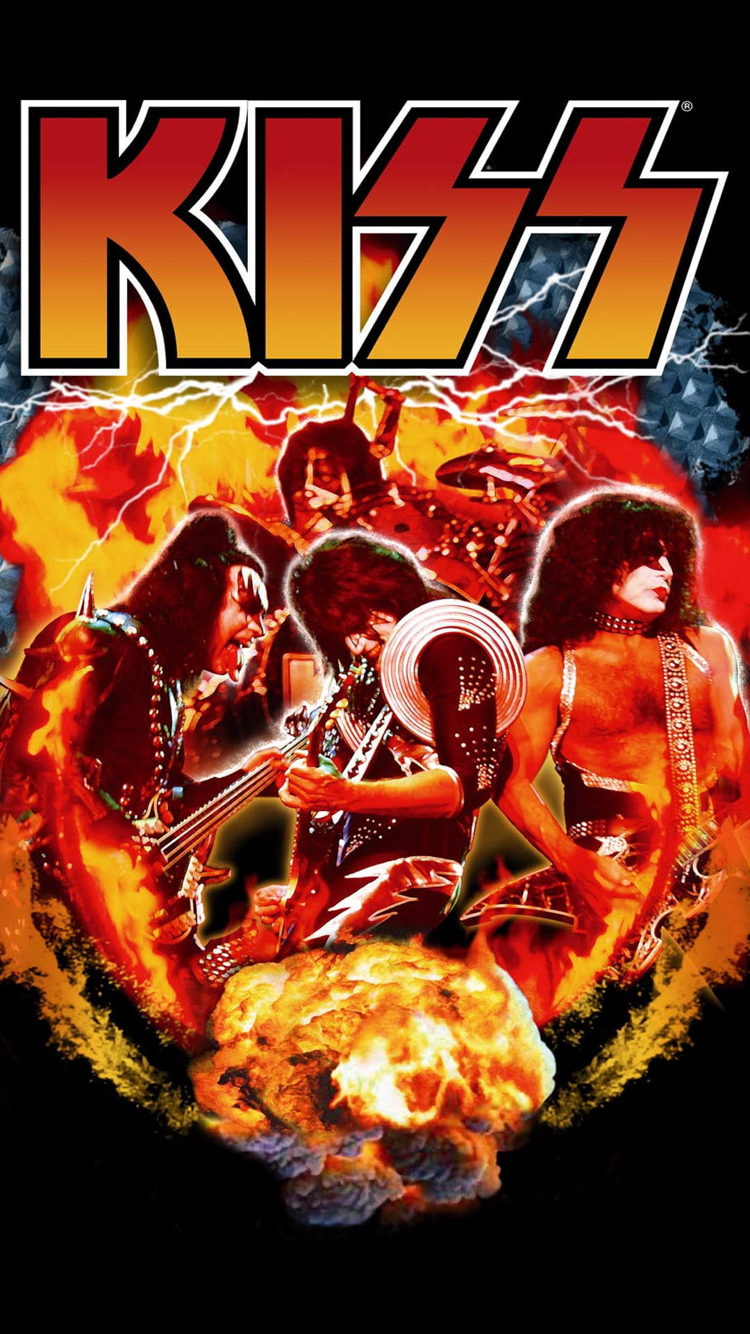 岩石 桌布 壁紙 — KISS 樂團成員以標誌性妝容示人，被熾熱爆炸和閃電包圍，背景為黑色。