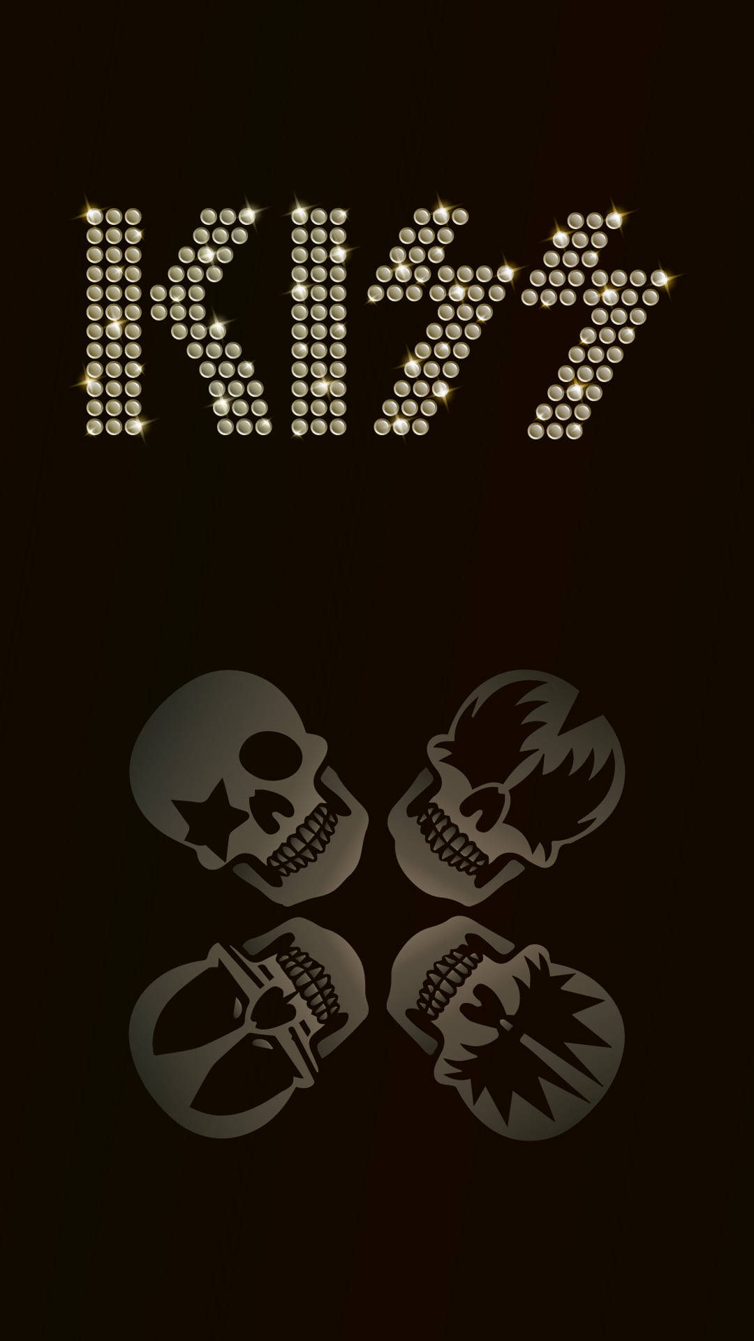 Rock 桌布 壁紙 — KISS樂團標誌以鑽石閃爍，在深色背景上展現四個標誌性骷髏面具。