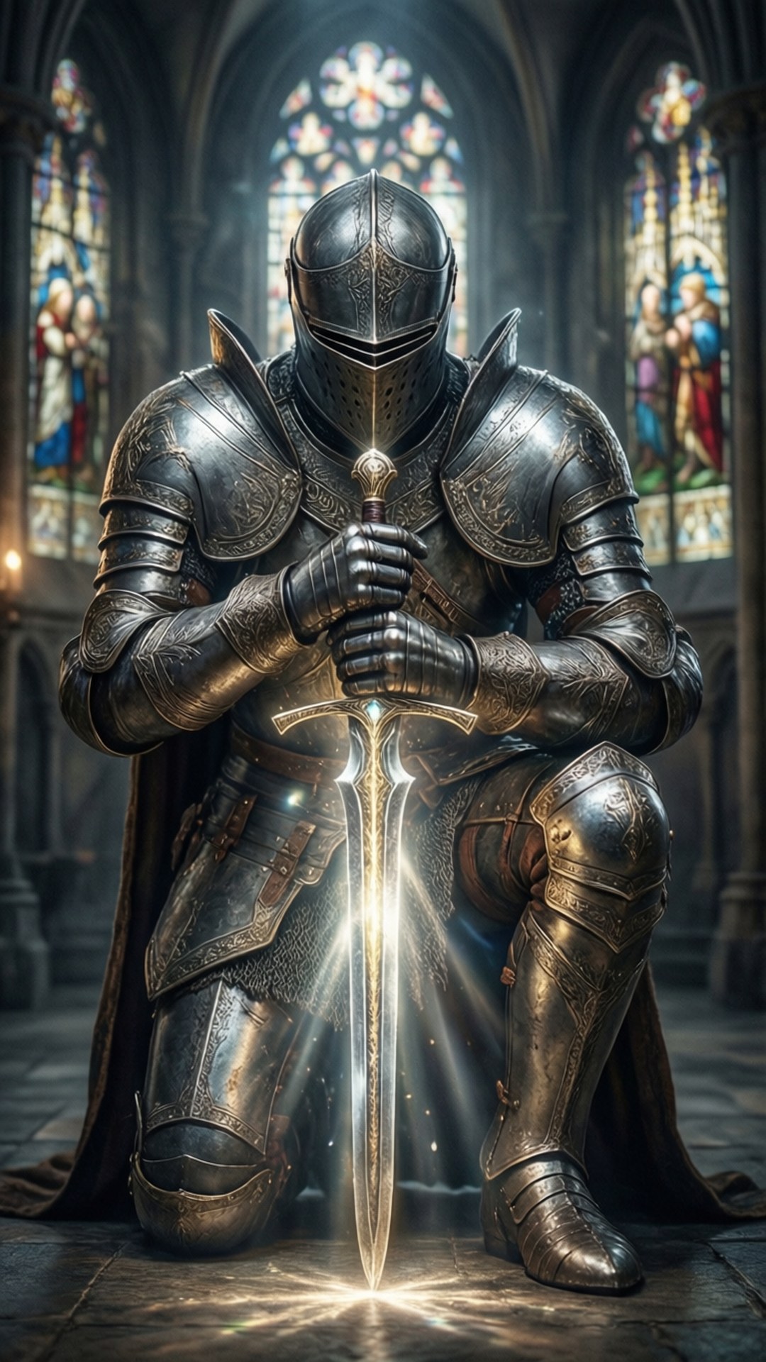 Knight of the Glowing Sword 壁紙 — 一名身穿華麗暗色盔甲的騎士跪在大教堂中，在彩色玻璃窗下握著一把發光的劍。