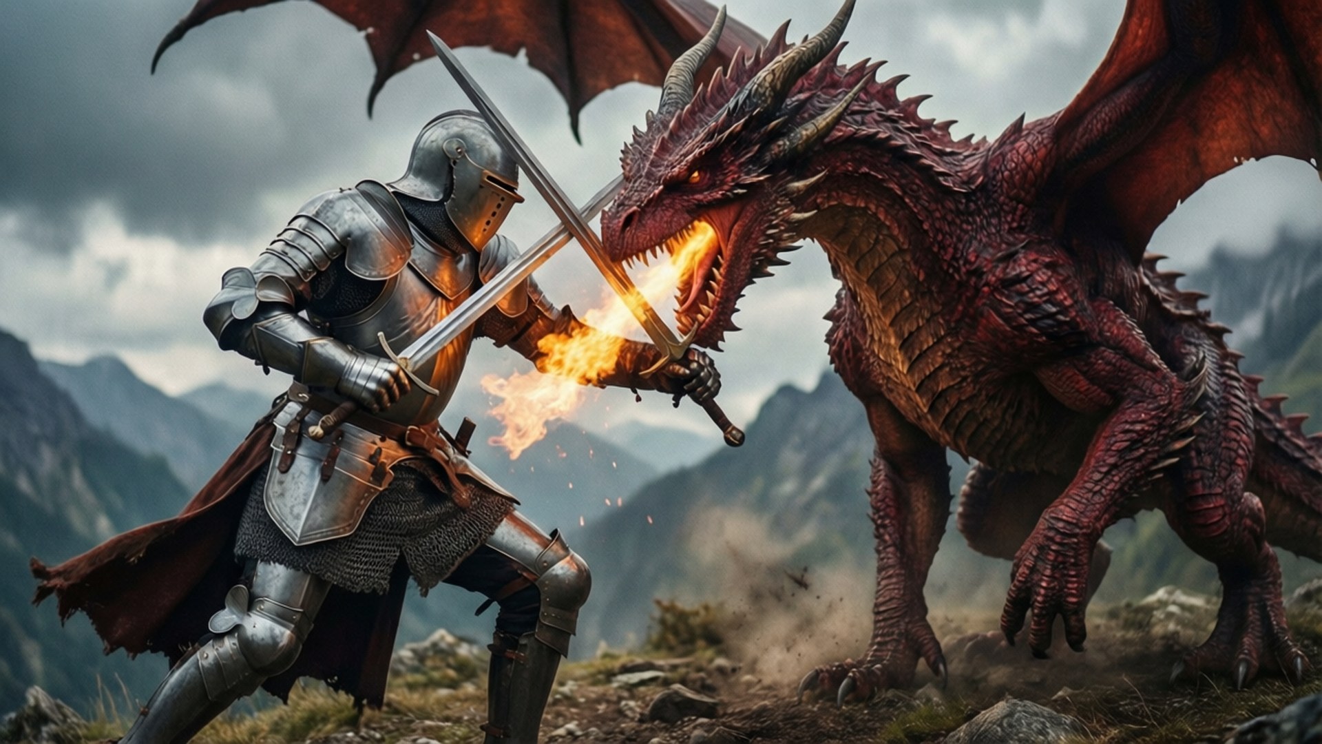 Knight vs Dragon 壁紙 — 身穿銀色盔甲的騎士在風暴雲下的山脊上與火紅色的龍交鋒。