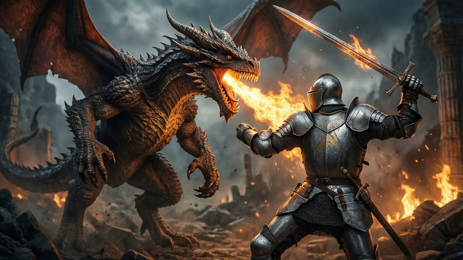 Epic Dragon vs Knight 壁紙 — 一名身穿全套銀色盔甲的騎士在崩塌的廢墟中與一頭噴火的巨大黑龍交鋒。