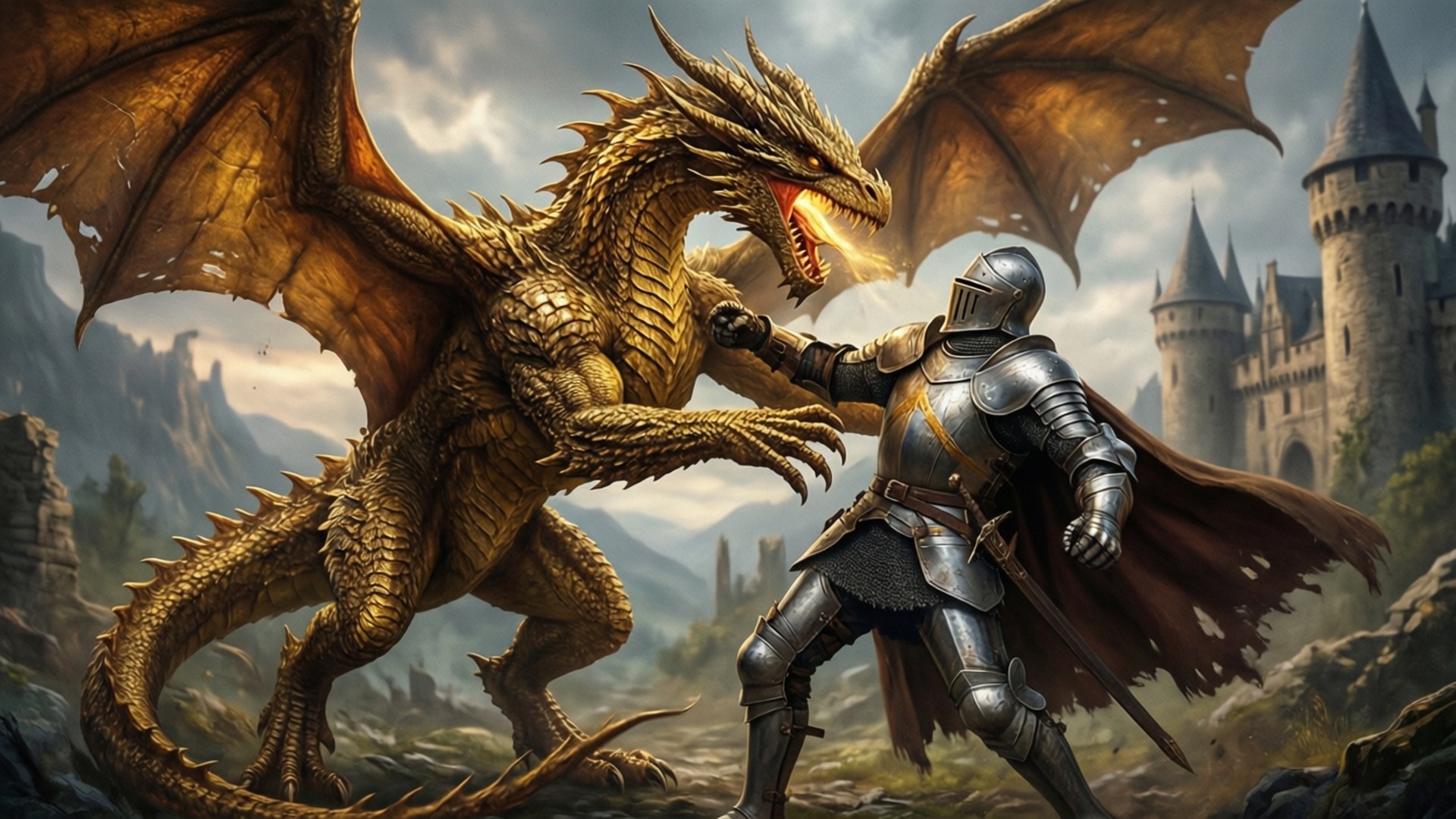 Knight's Foe 壁紙 — 身穿銀色盔甲的騎士在石城堡前與噴火的金色巨龍交戰。