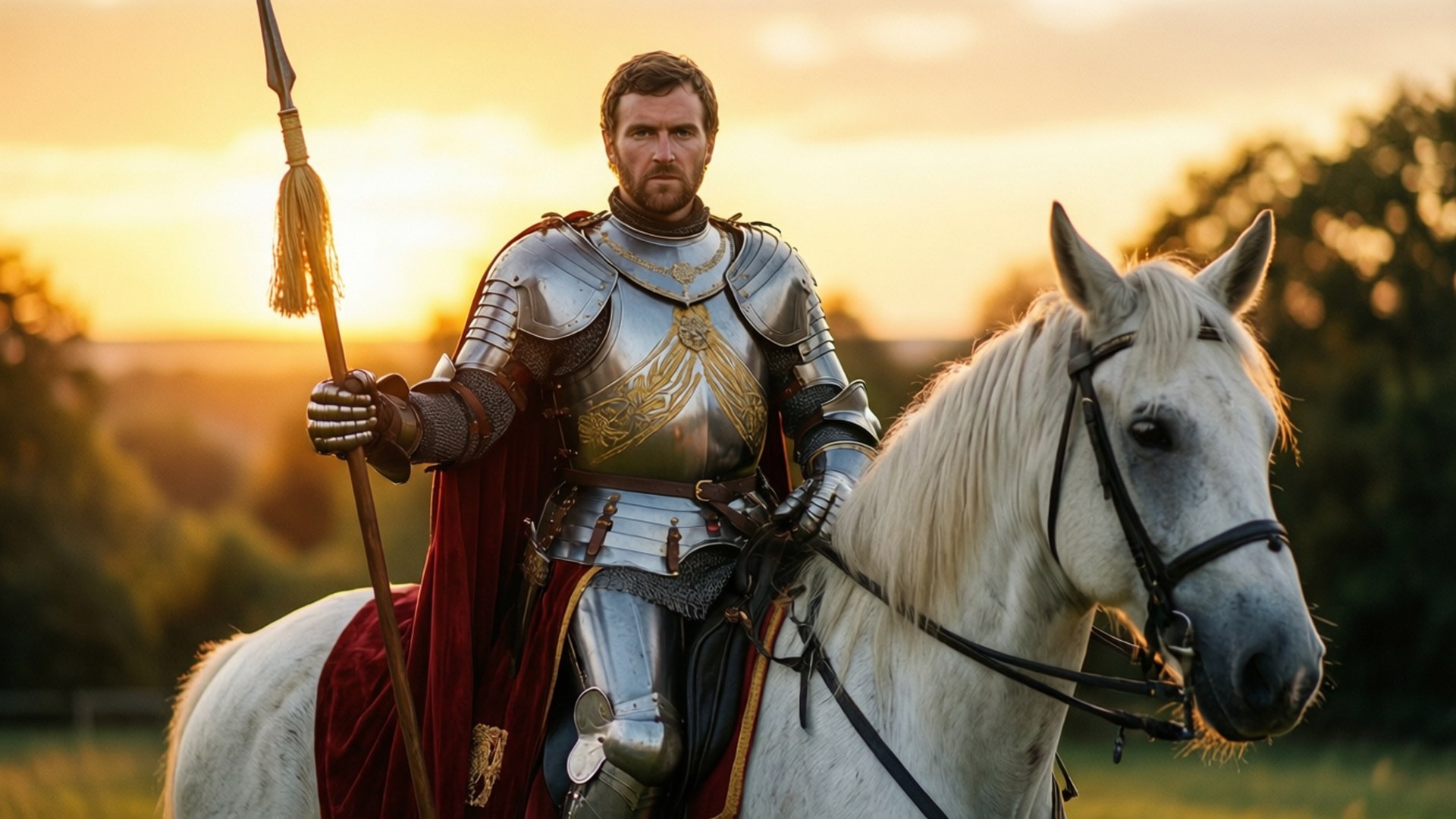 Clovis La Britannia 桌布 壁紙 — 一位身穿閃亮銀色盔甲的騎士，在金色時刻騎著白馬穿過陽光照耀的田野。