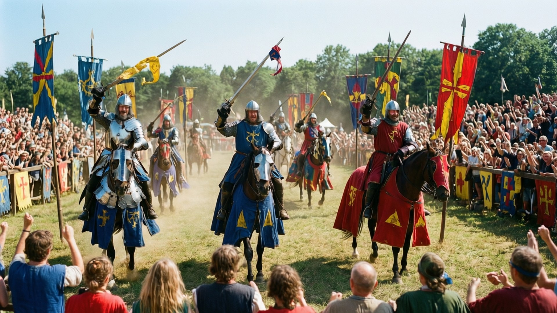 The Grand Tournament 壁紙 — 全副武裝的騎士騎馬穿過塵土飛揚的田野，揮舞著劍和彩色旗幟，人群在屏障後面歡呼。