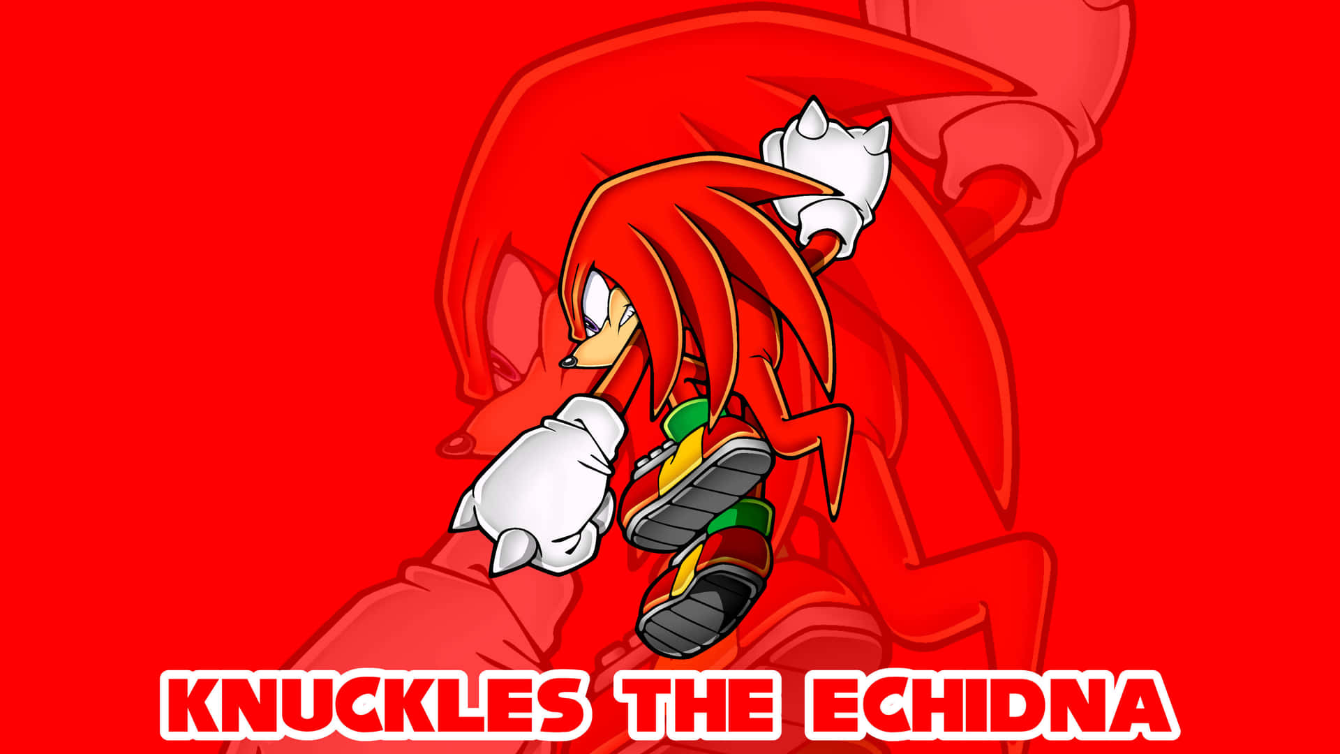 Sonic Characters 桌布 壁紙 — Knuckles the Echidna 以動態姿勢呈現，背景為鮮紅色，下方有粗體文字。