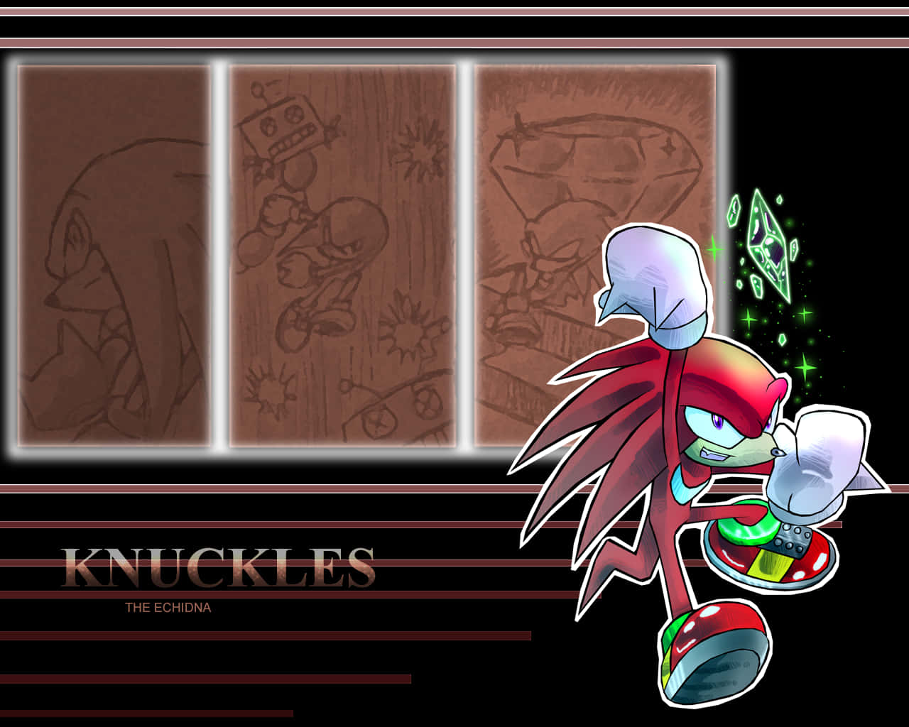 Sonic Characters 桌布 壁紙 — Knuckles the Echidna 以動態姿勢呈現，手持發光綠色寶石，背景為棕色草圖面板和深紅色條紋。