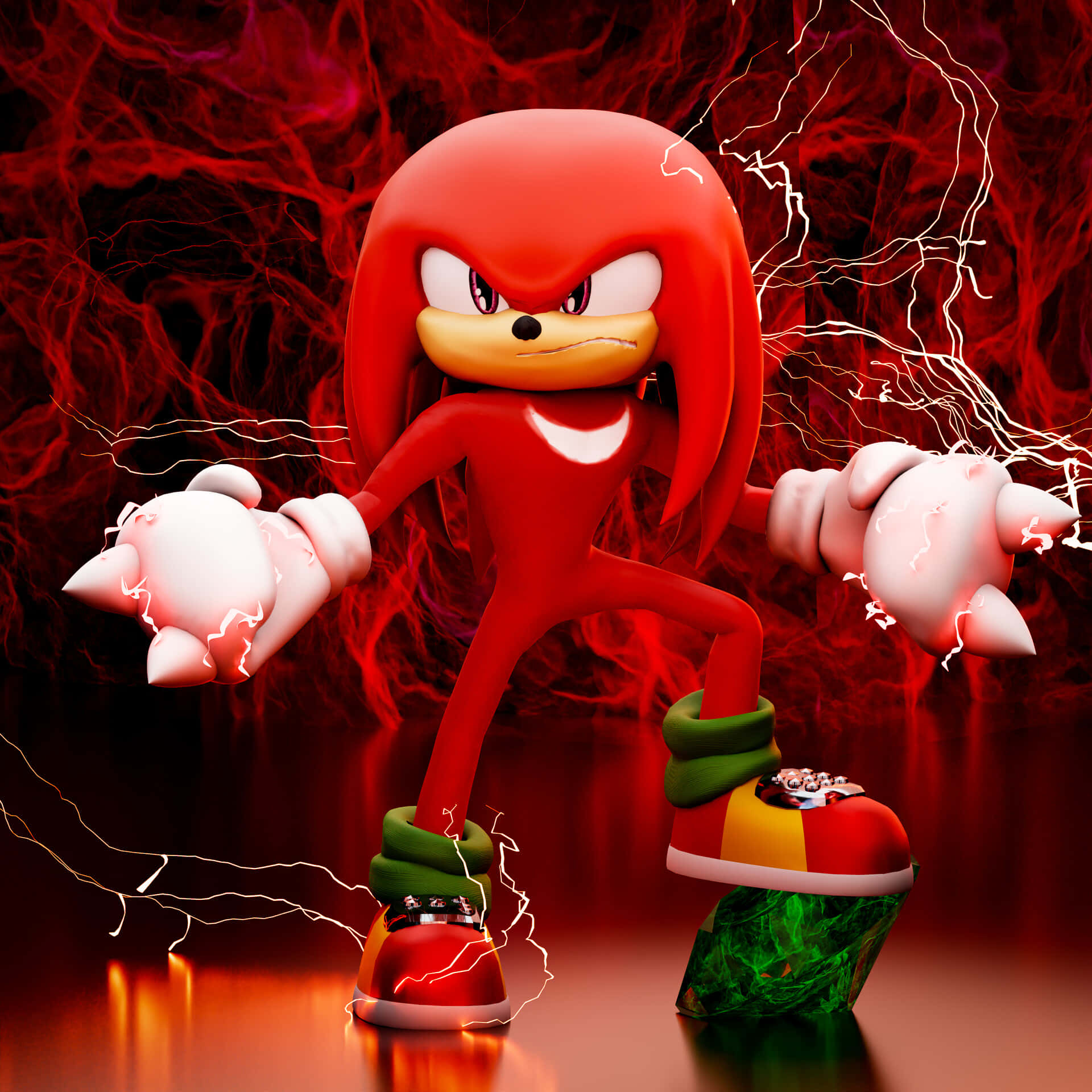 Sonic Characters 桌布 壁紙 — Knuckles the Echidna 以強力姿勢站立，拳頭發光，周圍環繞著噼啪作響的紅色能量，背景為深色。