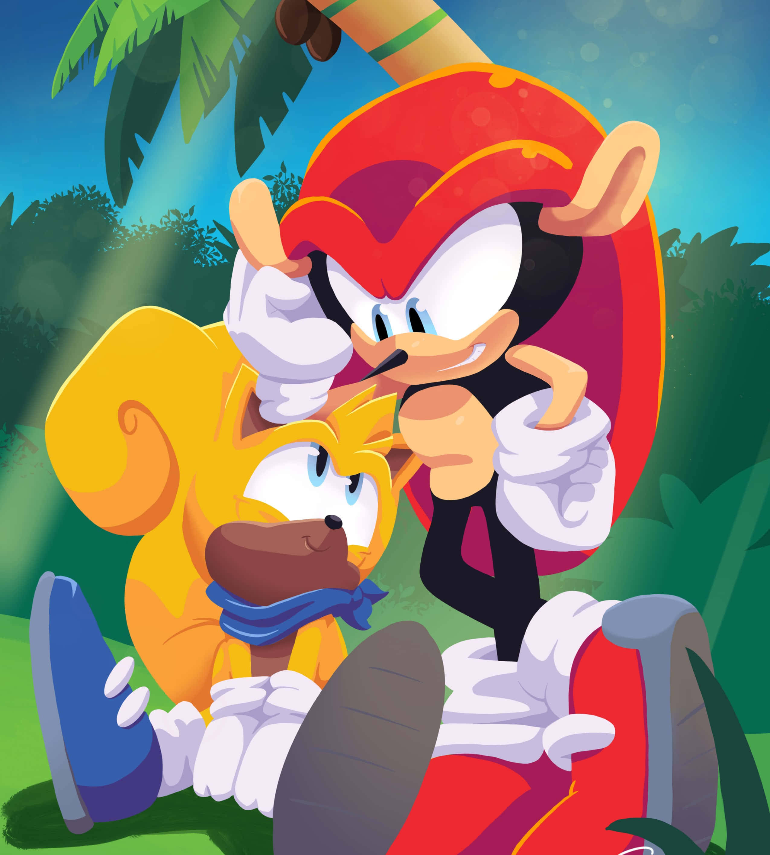 Ray The Flying Squirrel 桌布 壁紙 — Knuckles 和 Tails 在一個充滿活力的叢林中擺出俏皮的姿勢，叢林中有棕櫚樹和陽光穿過樹冠照射下來。