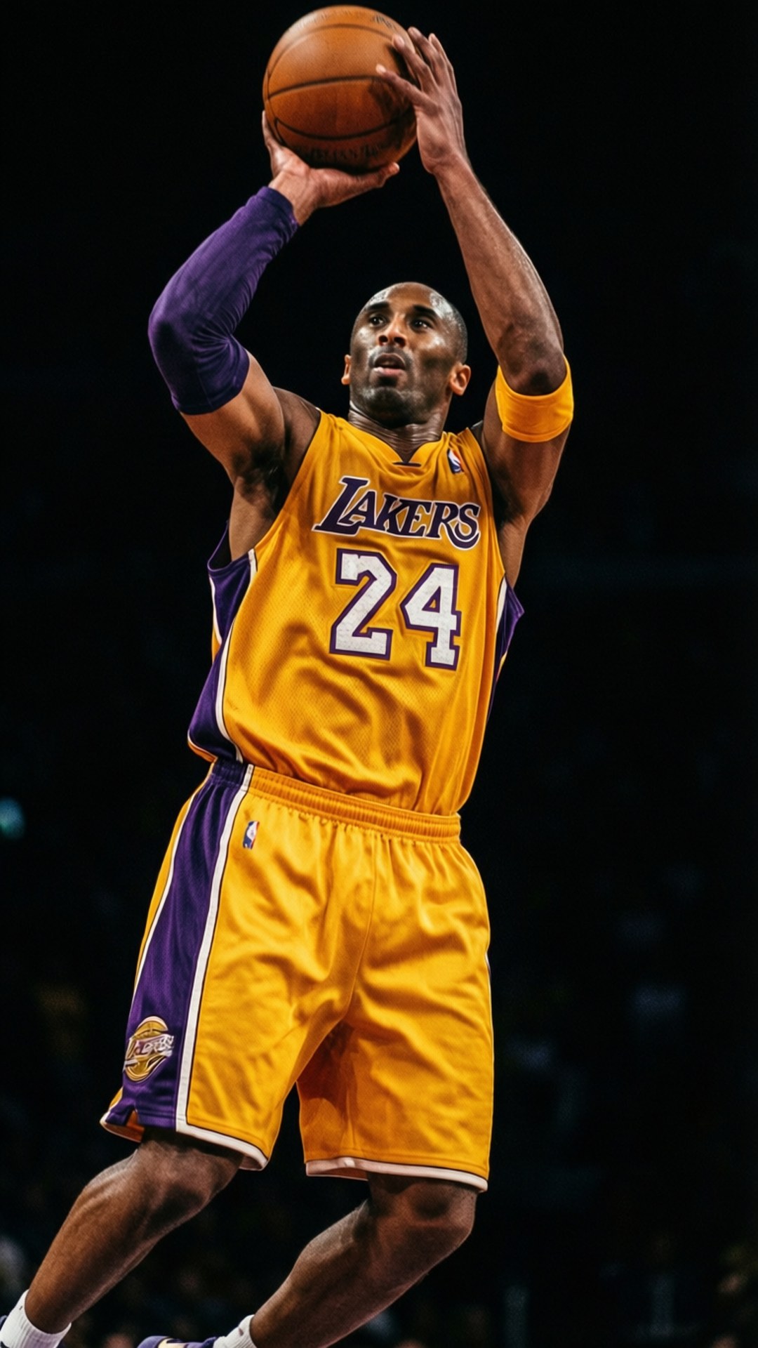 Kobe Bryant Art 桌布 壁紙 — 柯比·布萊恩身穿湖人隊24號球衣，在黑暗的球場背景下，專注地投籃。