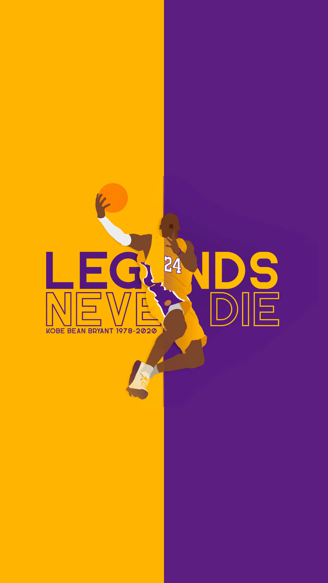科比·布萊恩在黃色和紫色背景上展示動作，並帶有文字「Legends Never Die」。 — 科比· Bryant 手機 壁紙