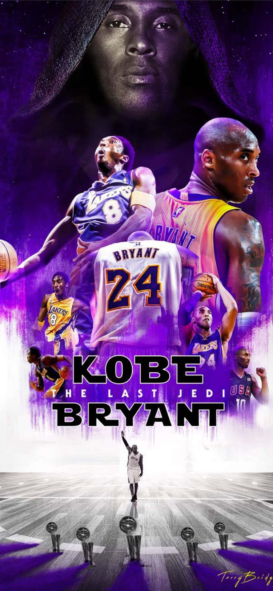 Kobe Bryant 致敬，包含多個動作姿勢和獎盃，背景為紫色宇宙天空。 — 科比· Bryant 壁紙
