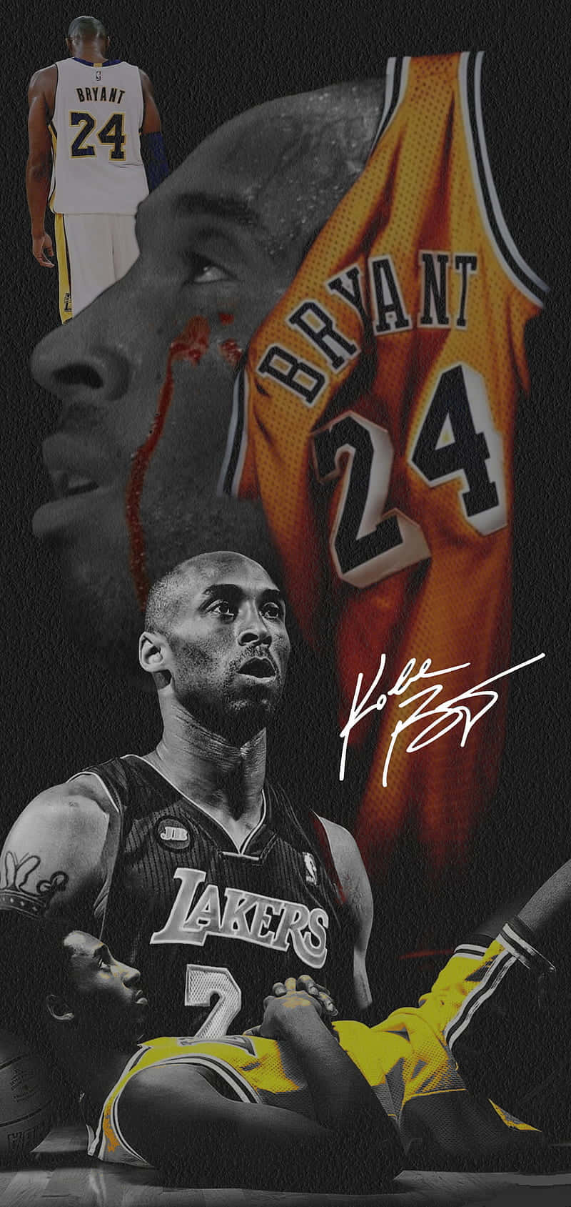 籃球 桌布 壁紙 — Kobe Bryant 致敬拼貼畫，展示他的臉、球衣和簽名，以及身穿湖人隊服的隊友。