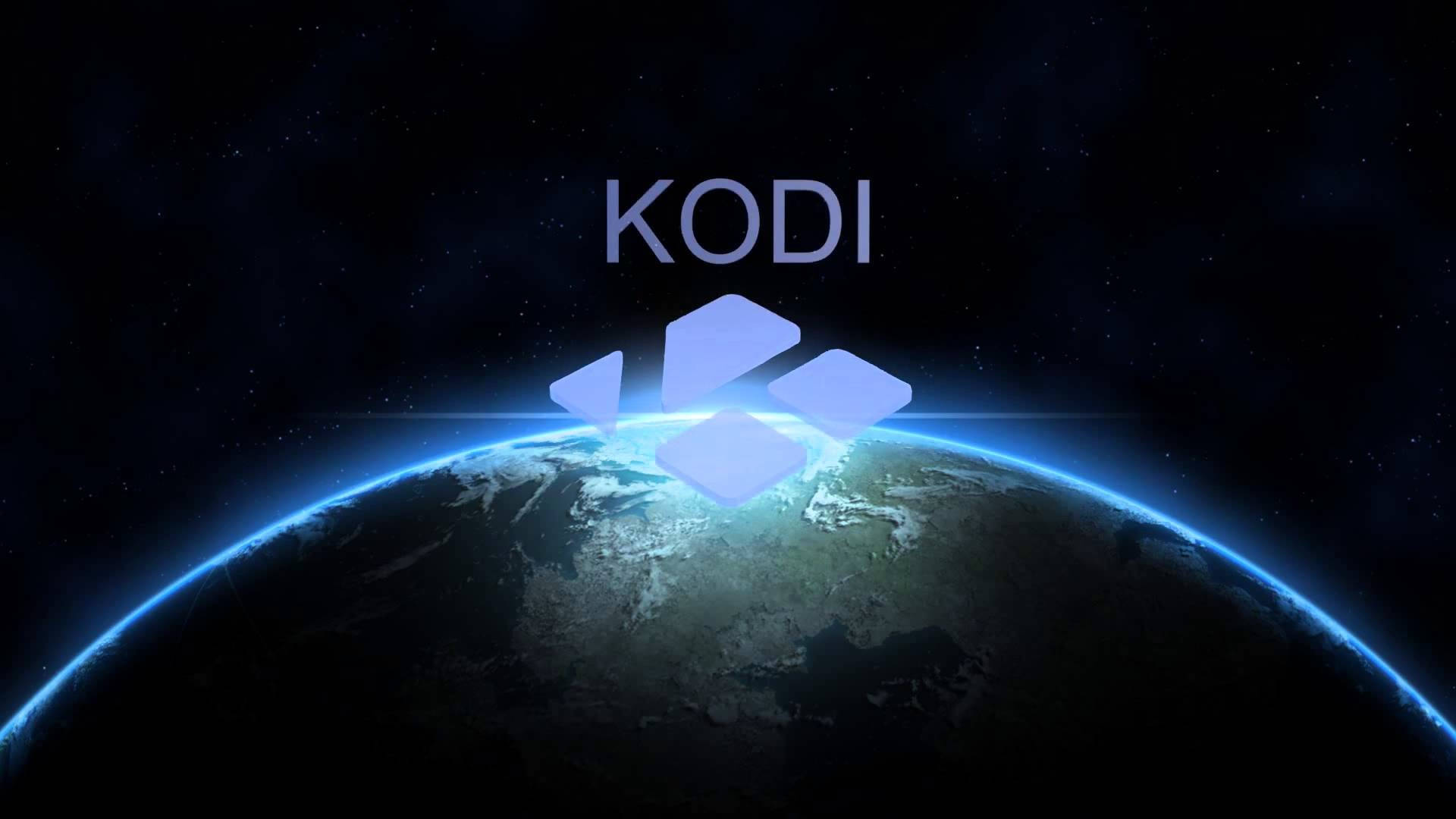 科迪 桌布 壁紙 — Kodi 標誌在地球彎曲的地平線上方發光，背景是星空，並有一條發光的藍色大氣線。