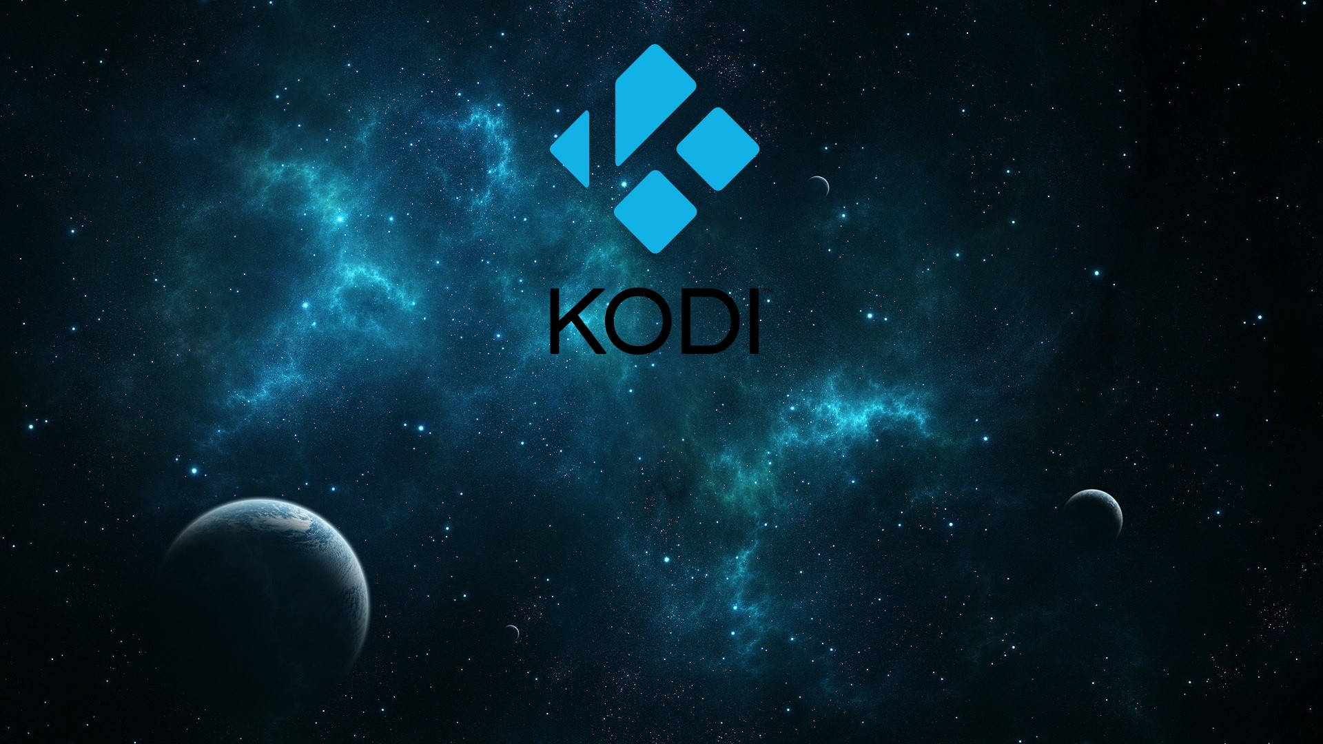Kodi 桌布 壁紙 — Kodi 標誌居中，背景是發光的藍色星雲和遙遠行星的宇宙場景。