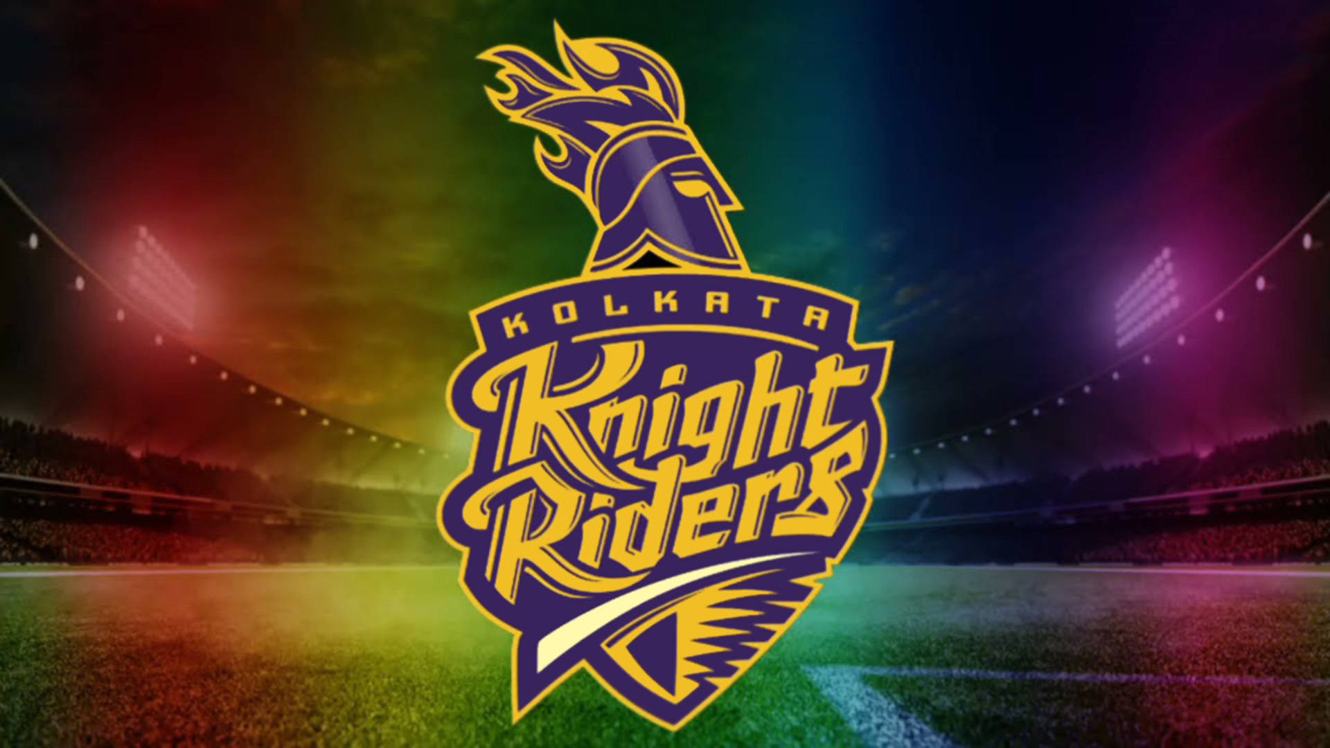 Riders 桌布 壁紙 — Kolkata Knight Riders 標誌在夜間色彩繽紛的體育場背景下閃耀著鮮豔的紫色和金色。
