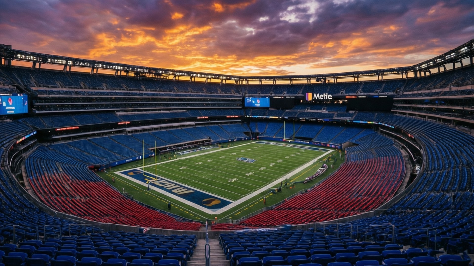 Giants Stadium Sunset 壁紙 — 空無一人的足球場鳥瞰圖，日落時分，藍色和紅色座位上方的橙色雲彩鮮豔奪目。