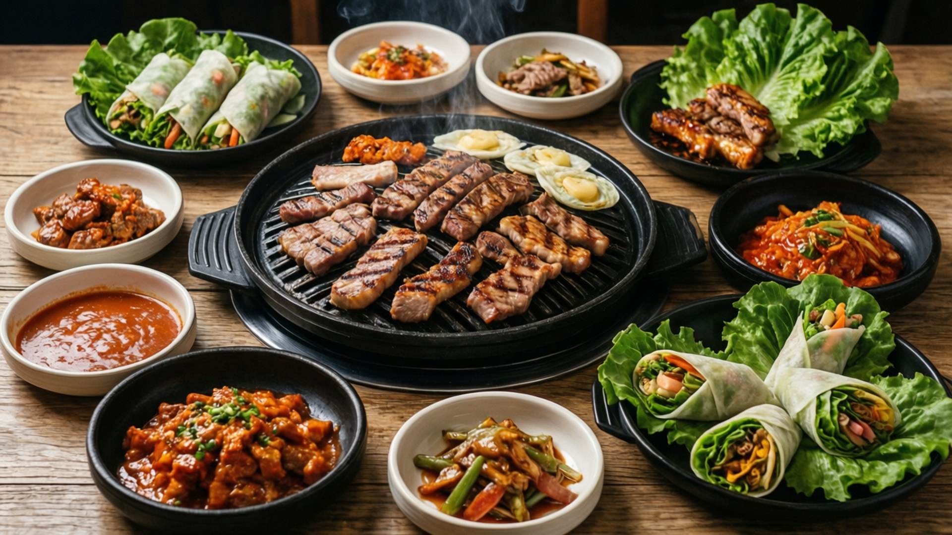 Korean BBQ Feast 壁紙 — 韓式燒烤爐，烤盤上滋滋作響，烤肉與小菜整齊擺放在木桌上。